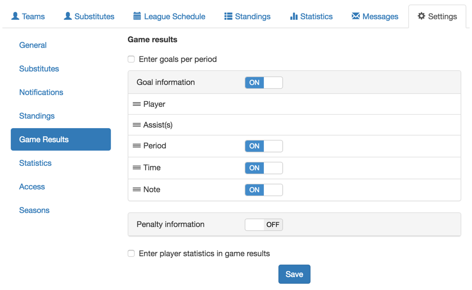 Statistics settings of your league.