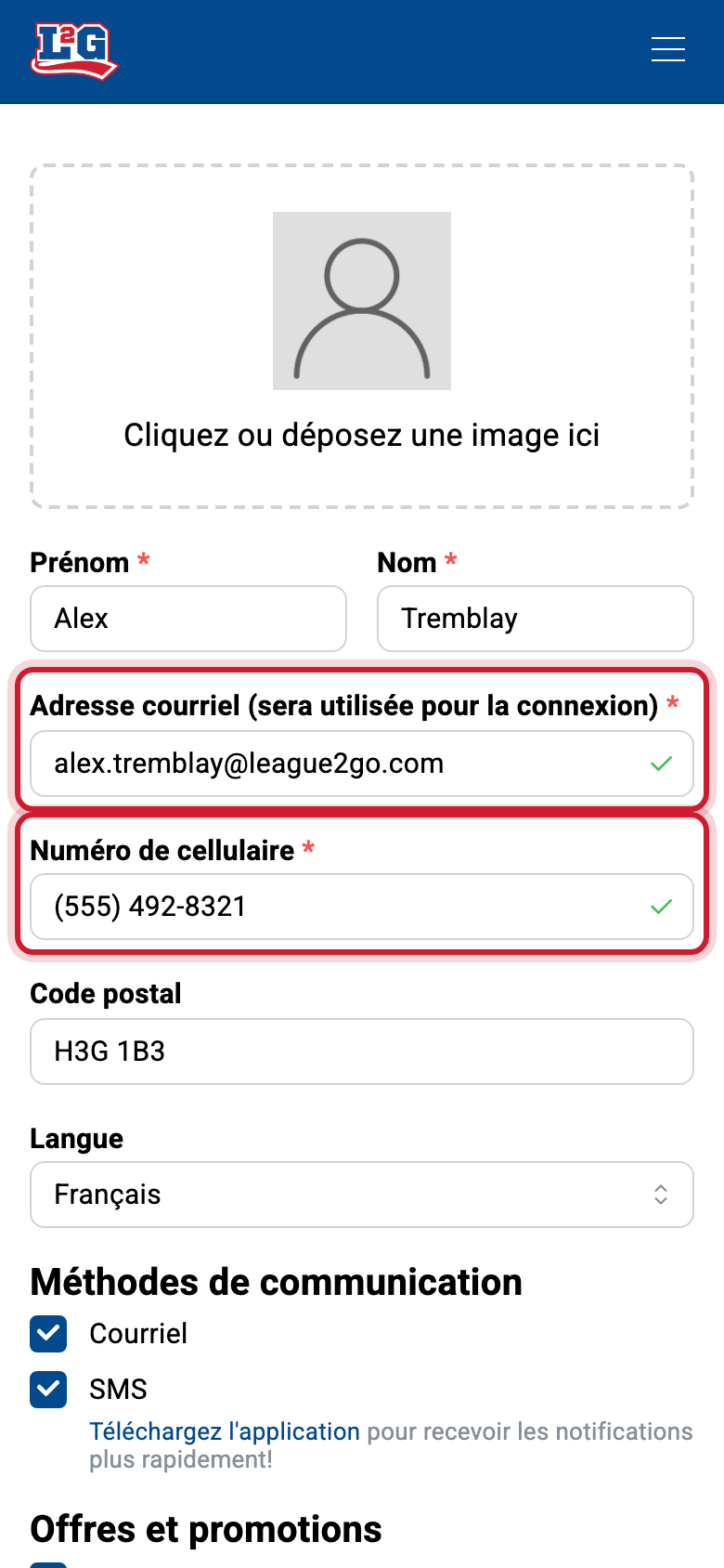 Le courriel et le numéro de cellulaire de votre profil : ils doivent correspondre à ce que votre gestionnaire de ligue a entré pour que les parties arrivent dans le bon compte.