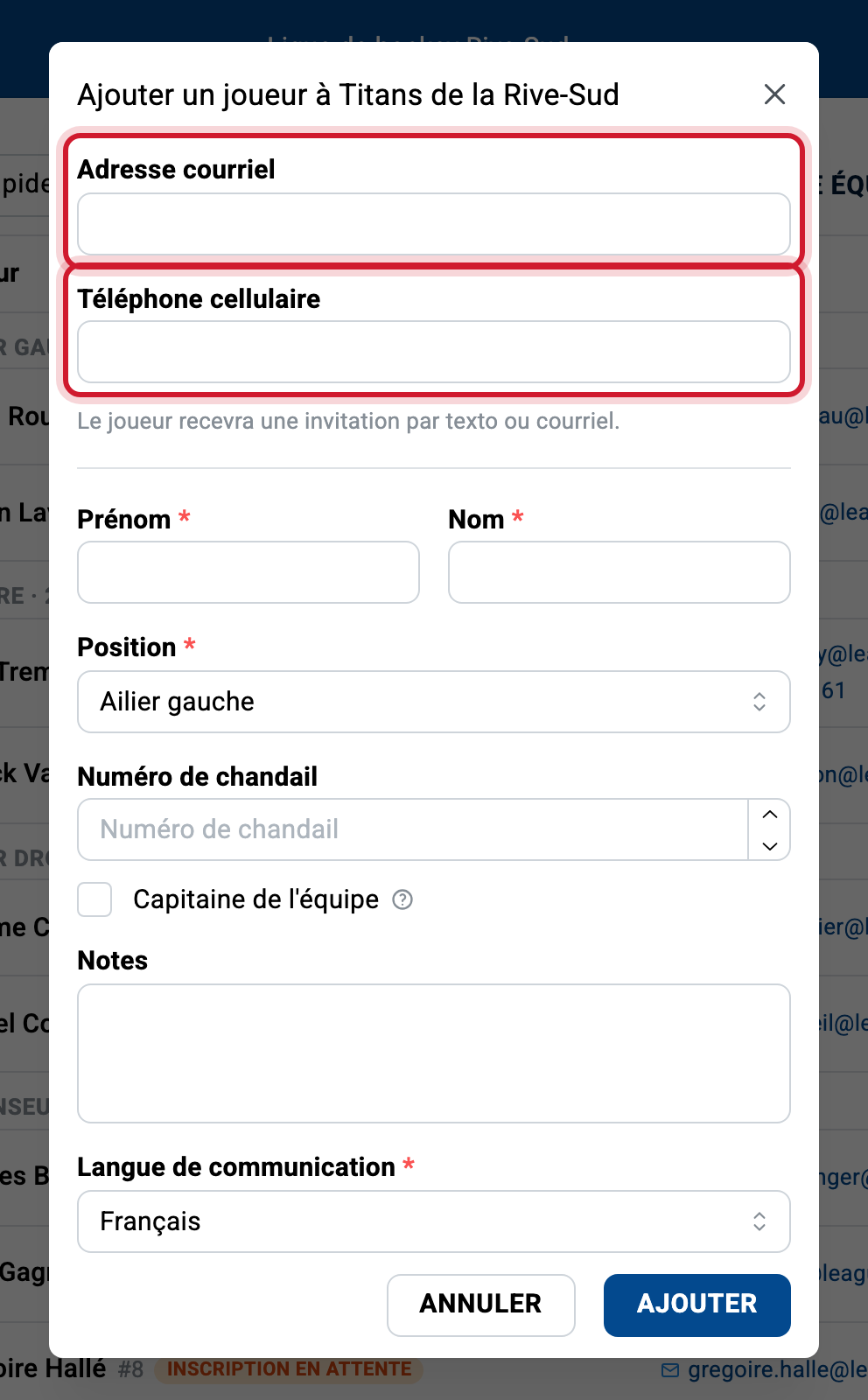 Le formulaire d'ajout de joueur : les champs courriel et cellulaire viennent en premier : c'est ce qui relie le compte du joueur.