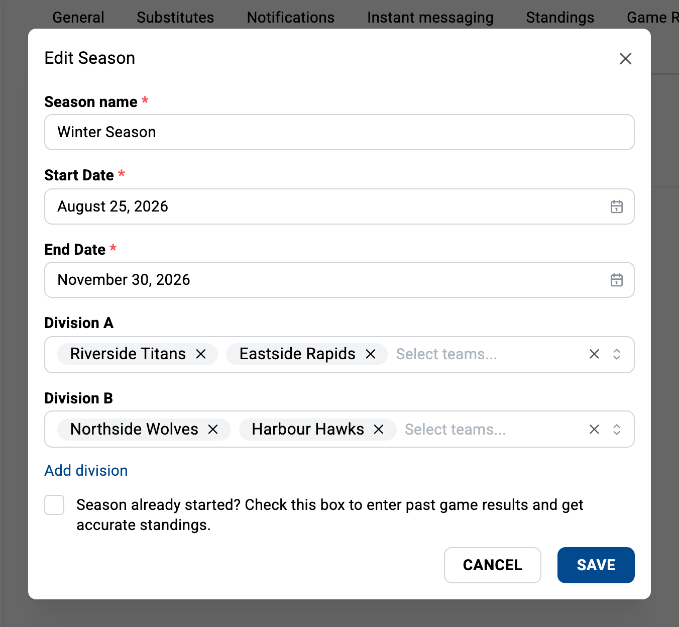 Editing a season in league settings: each division has its own team selector, so the league's teams are assigned per division for that season.