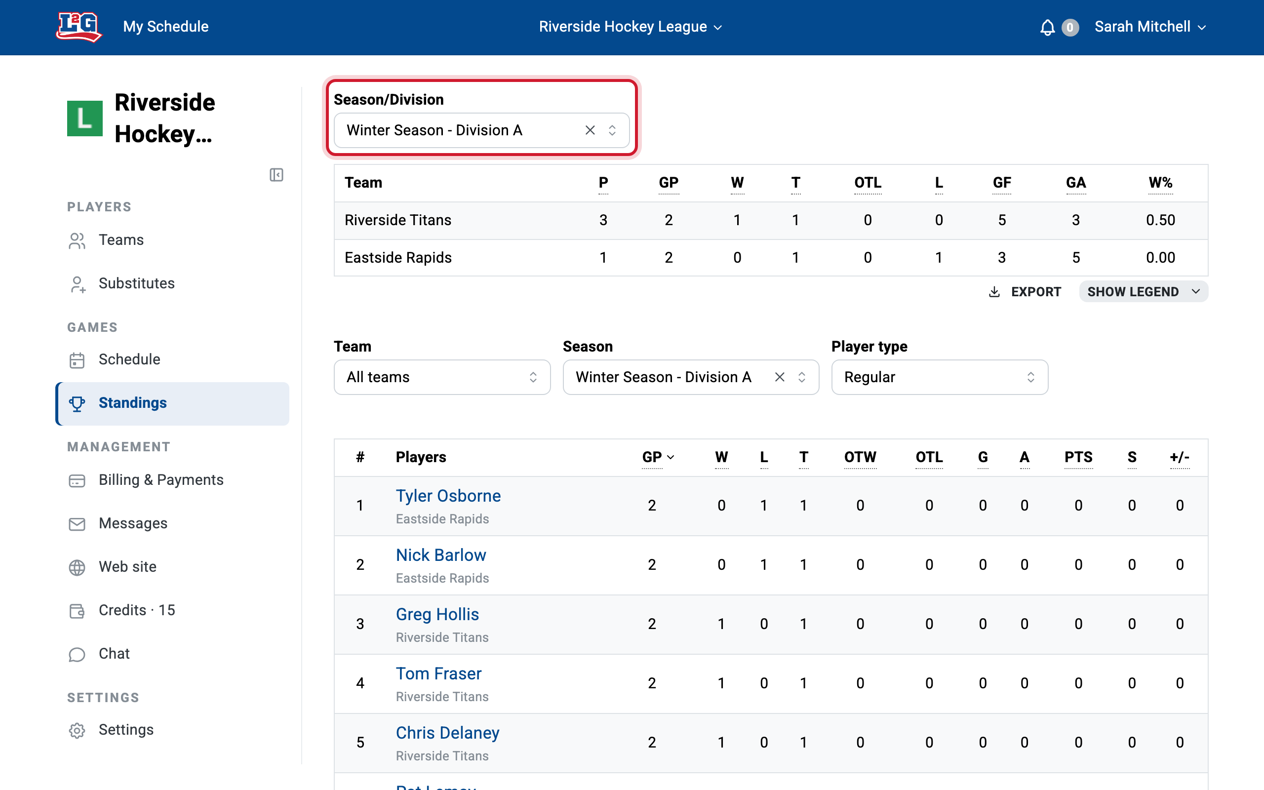 The standings scoped to one division with the Season/Division filter; each division gets its own standings table this way, showing only its teams.