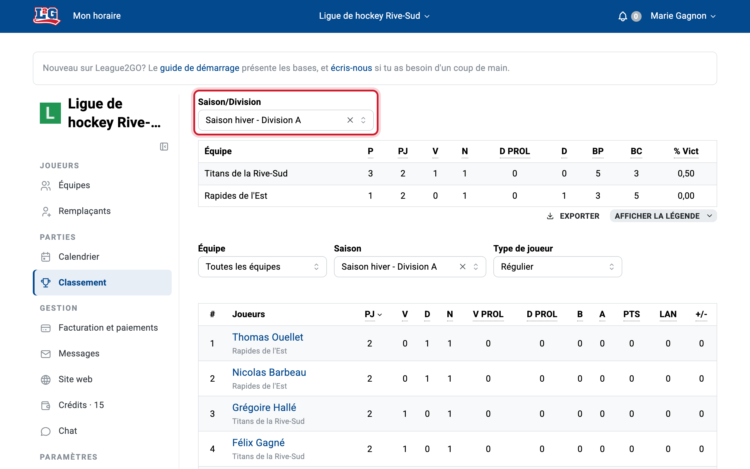 Le classement limité à une division grâce au filtre Saison/Division : chaque division obtient ainsi son propre tableau de classement, ne montrant que ses équipes.