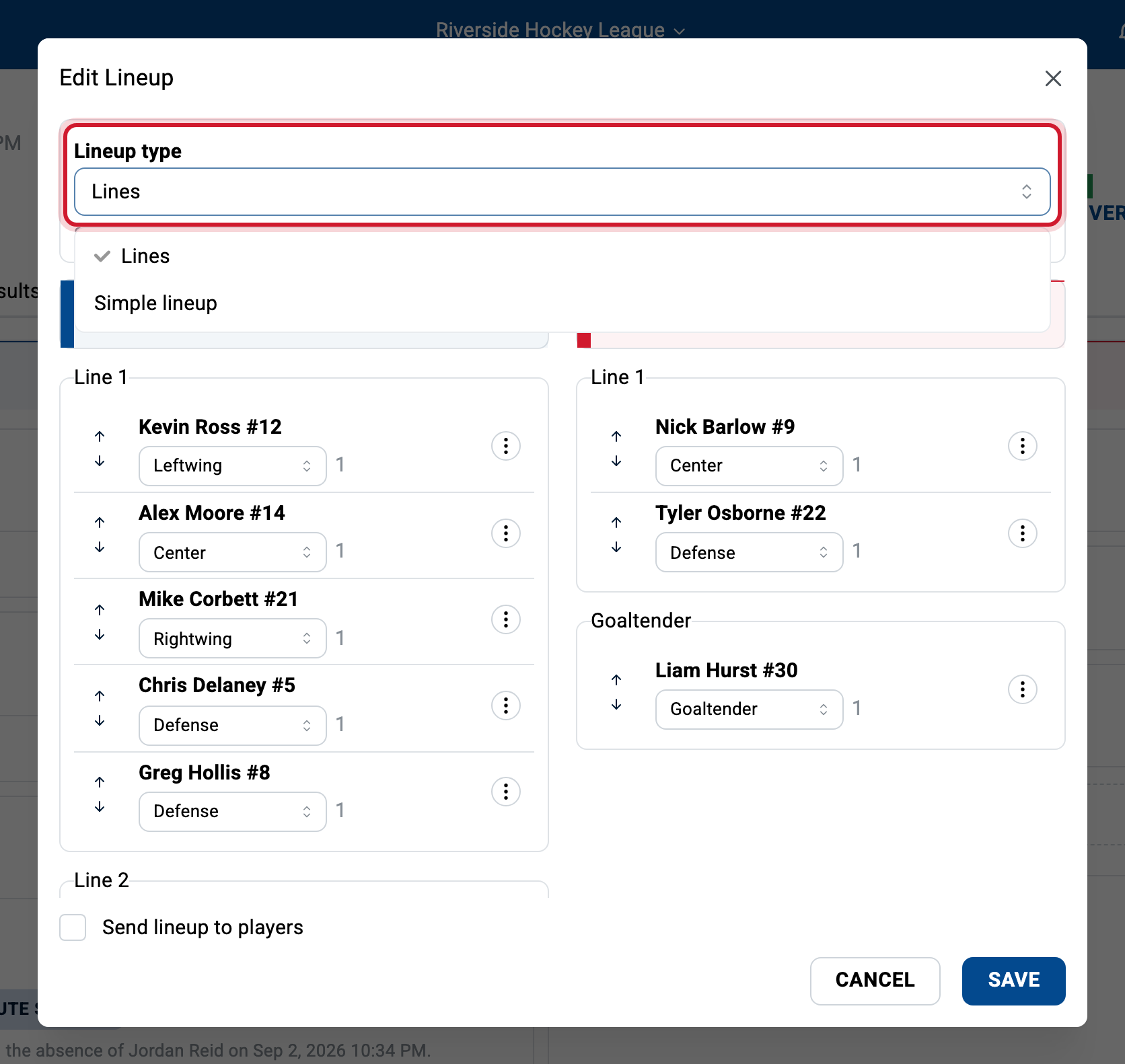 The Lineup type selector in the lineup editor switches the display between the simple lineup and lines.