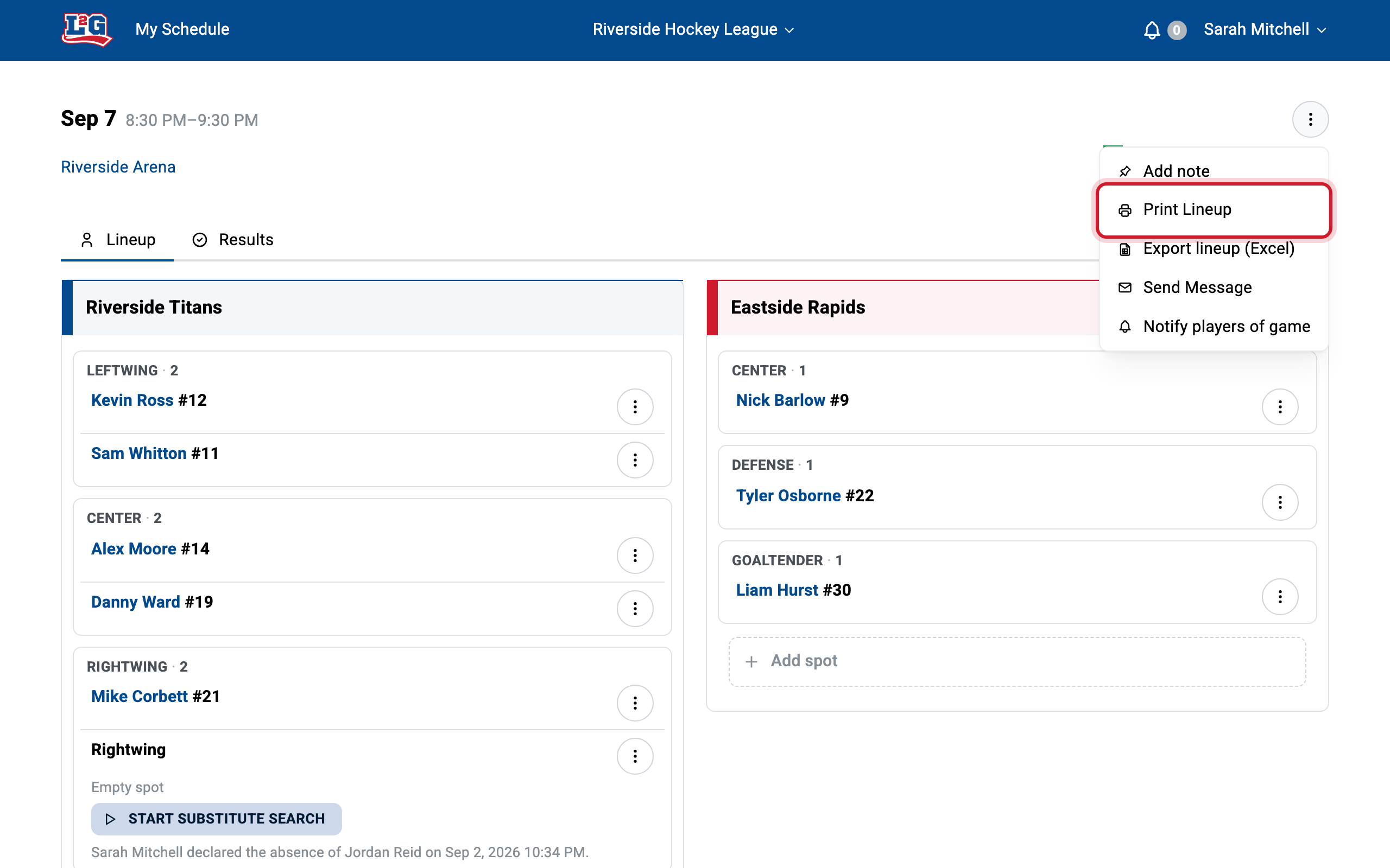 Print Lineup lives in the game menu (the round button at the top of the game page) and opens a print-optimized lineup sheet in your browser's print dialog.