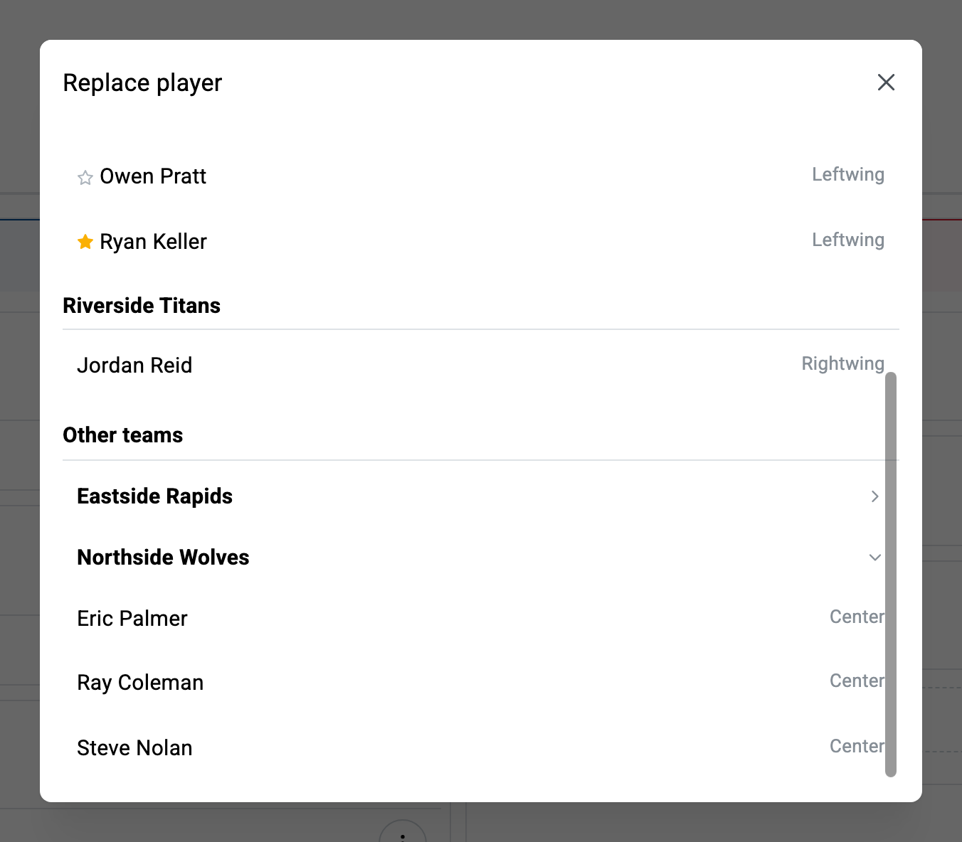 The replace-player window: pick the replacement from the substitute pool, or expand any other team of the league to pull a player from its roster.