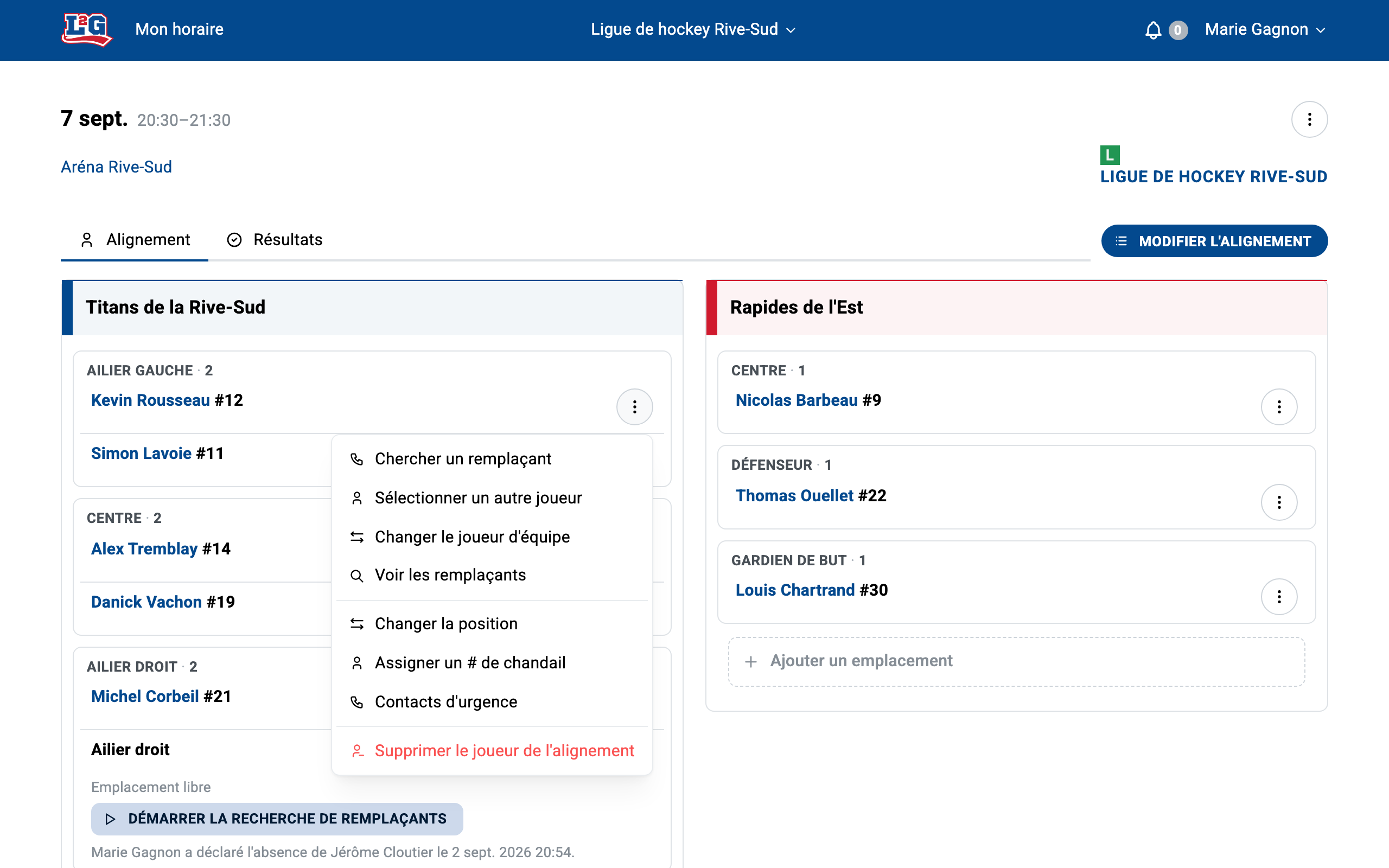 Le menu d'un emplacement regroupe toutes les actions sur un joueur : chercher un remplaçant, sélectionner un autre joueur, le changer d'équipe, changer sa position, et plus encore.