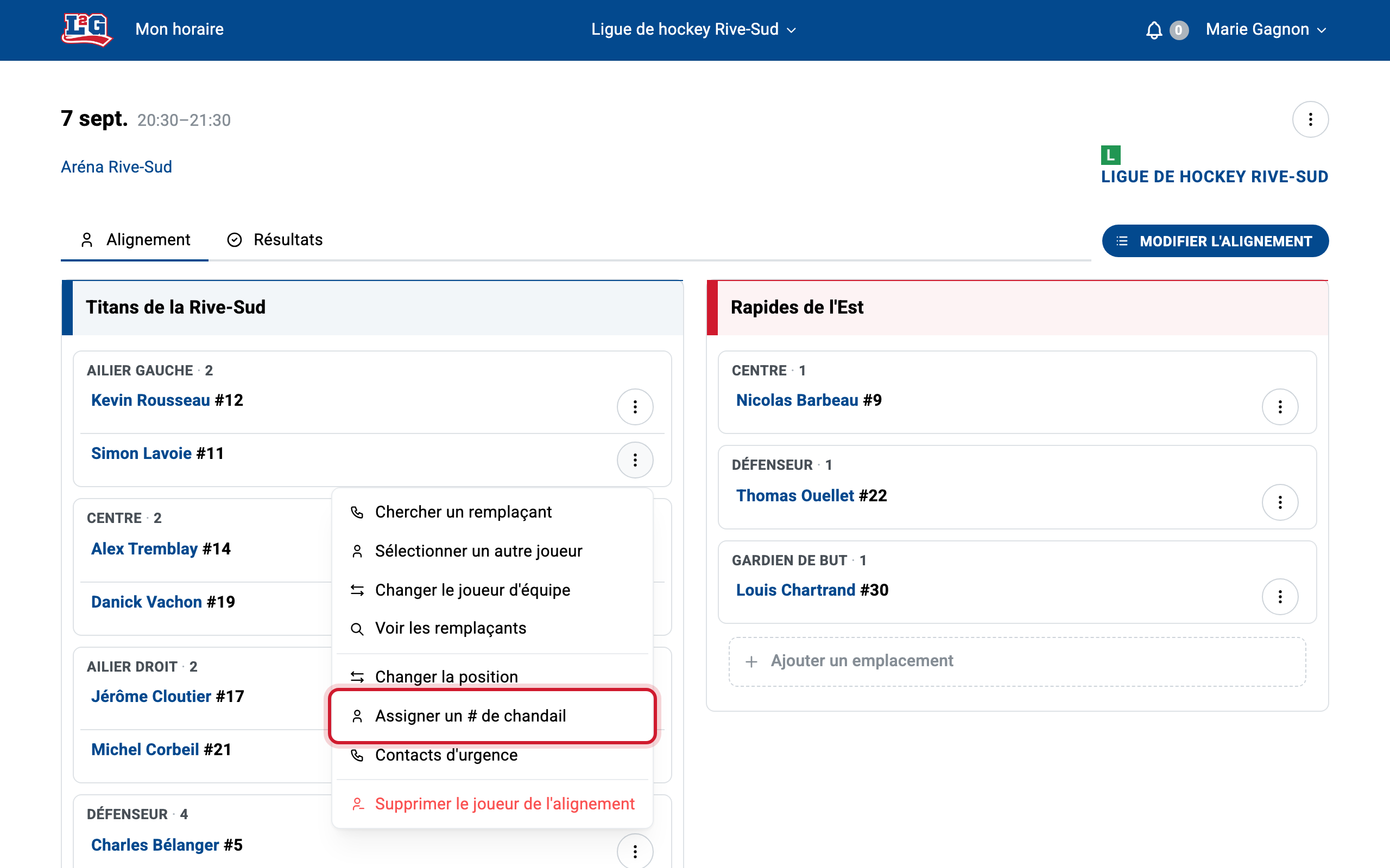 Le menu d'actions d'un joueur sur la page d'une partie, avec l'action assigner un numéro de chandail pour cette partie.