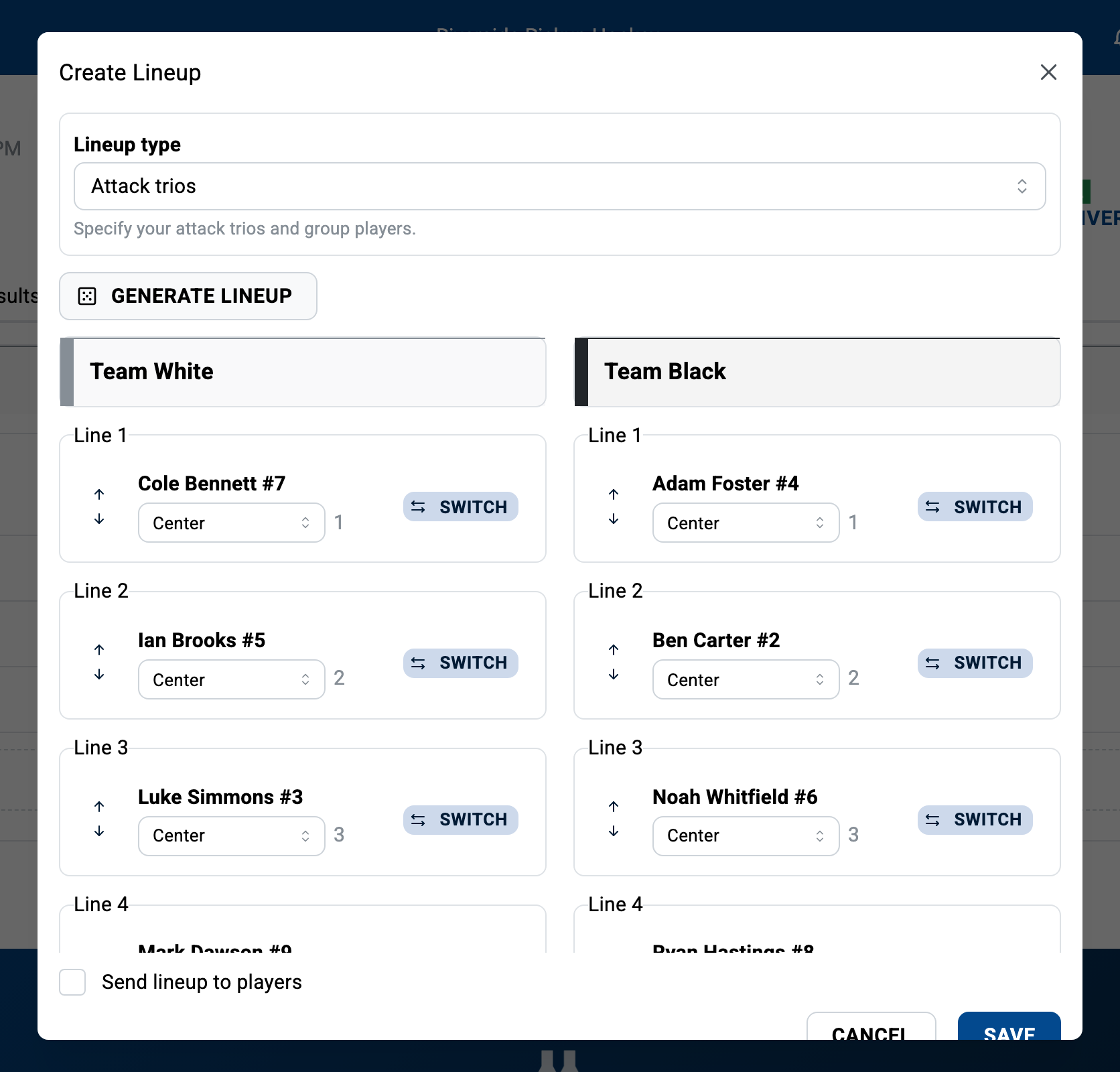A pick-up game's Create Lineup view: the league's player pool split into two generated teams; Generate Lineup reshuffles them into balanced sides.