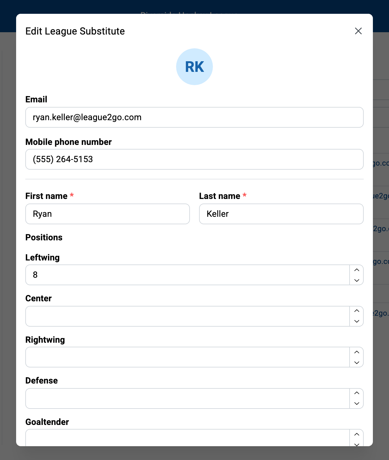 Editing a substitute in a rated league: one rating field per position; filling in a rating is what selects the position for that substitute.
