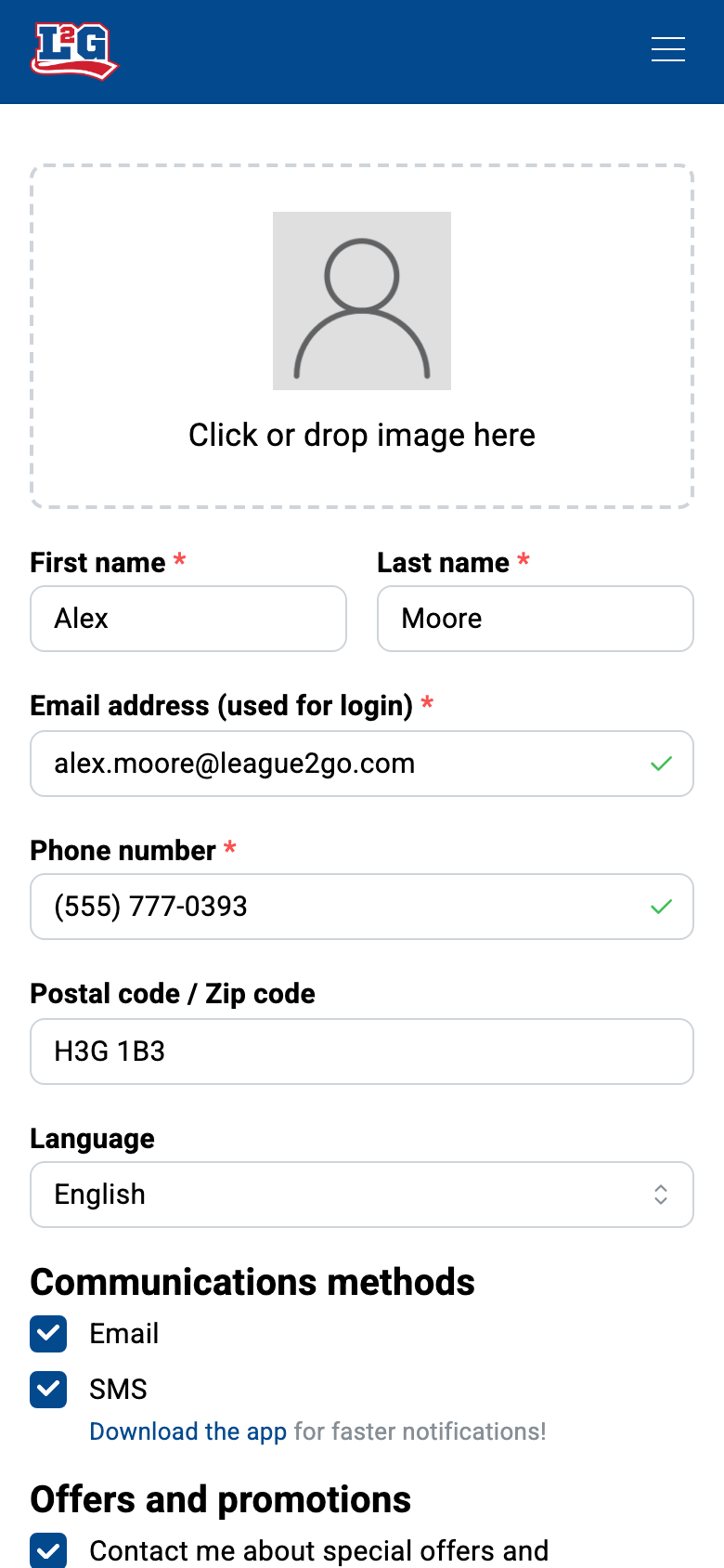Each player picks how they are reached (email, SMS or mobile push) in the communication preferences of their profile.