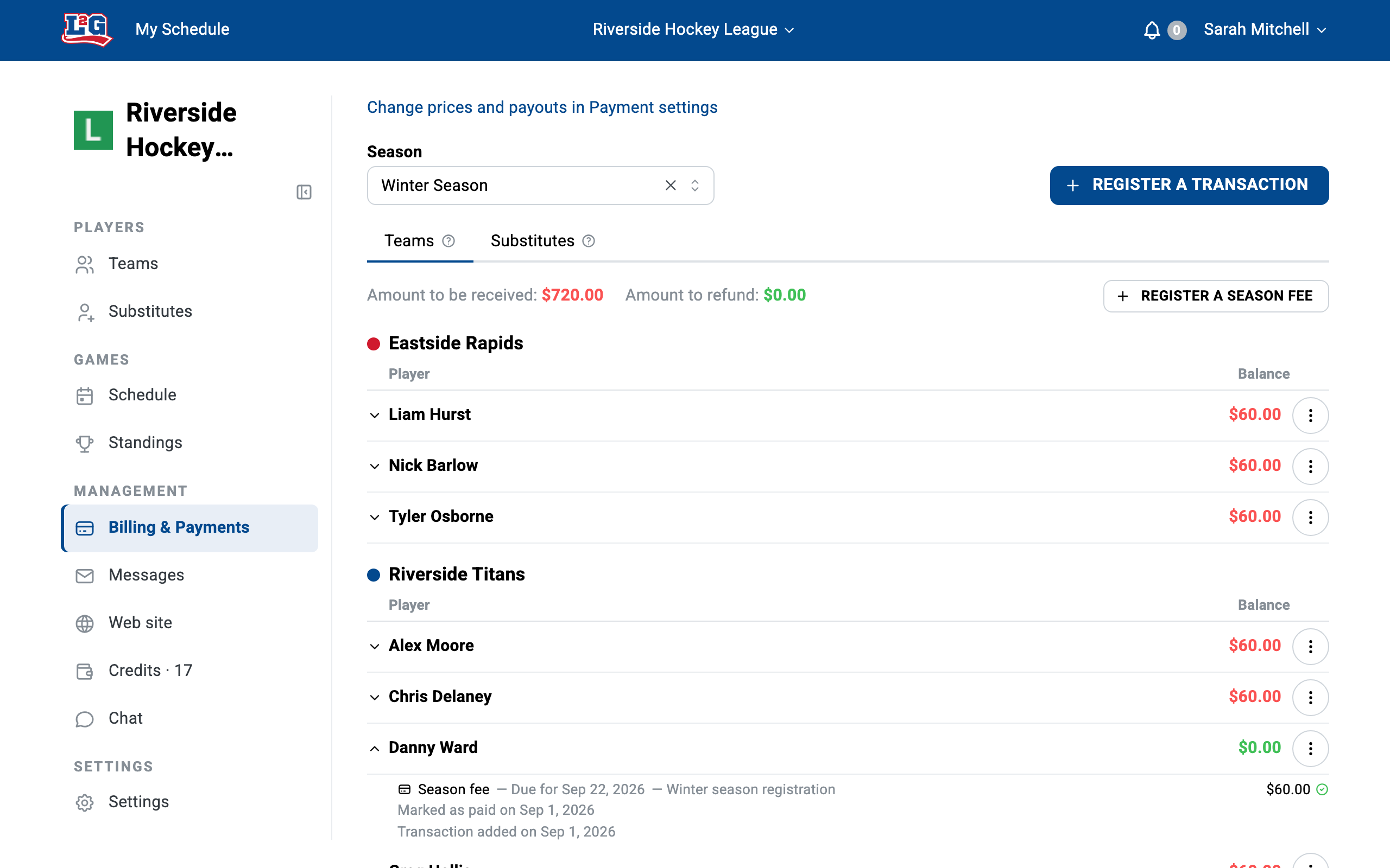 The season-fee tracking list: players marked as paid carry the green check with the paid-on date, unpaid players still show their fee pending in red.