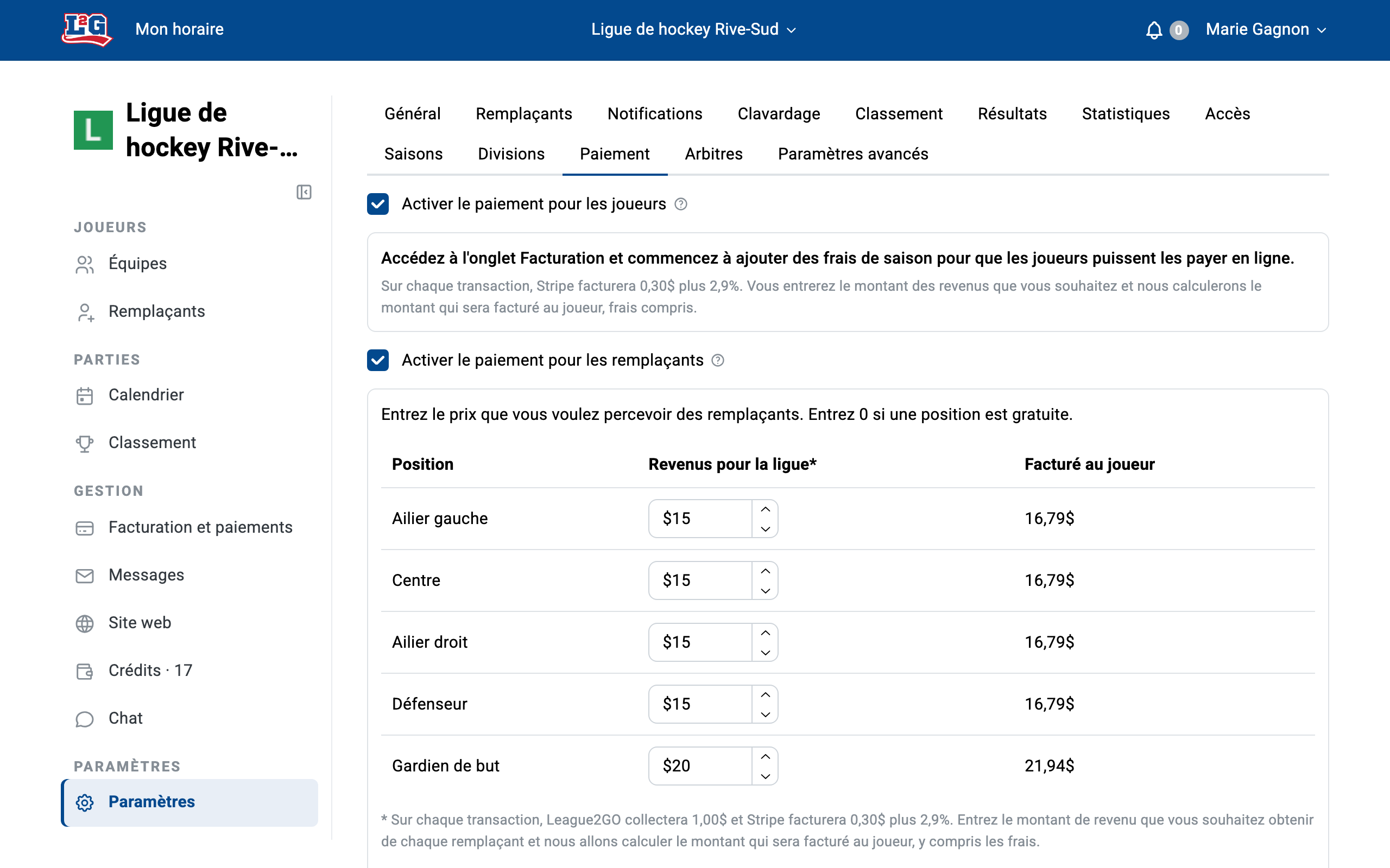 L'onglet Paiement une fois le compte Stripe connecté : paiements des joueurs et des remplaçants activés, avec le lien vers le tableau de bord Stripe.