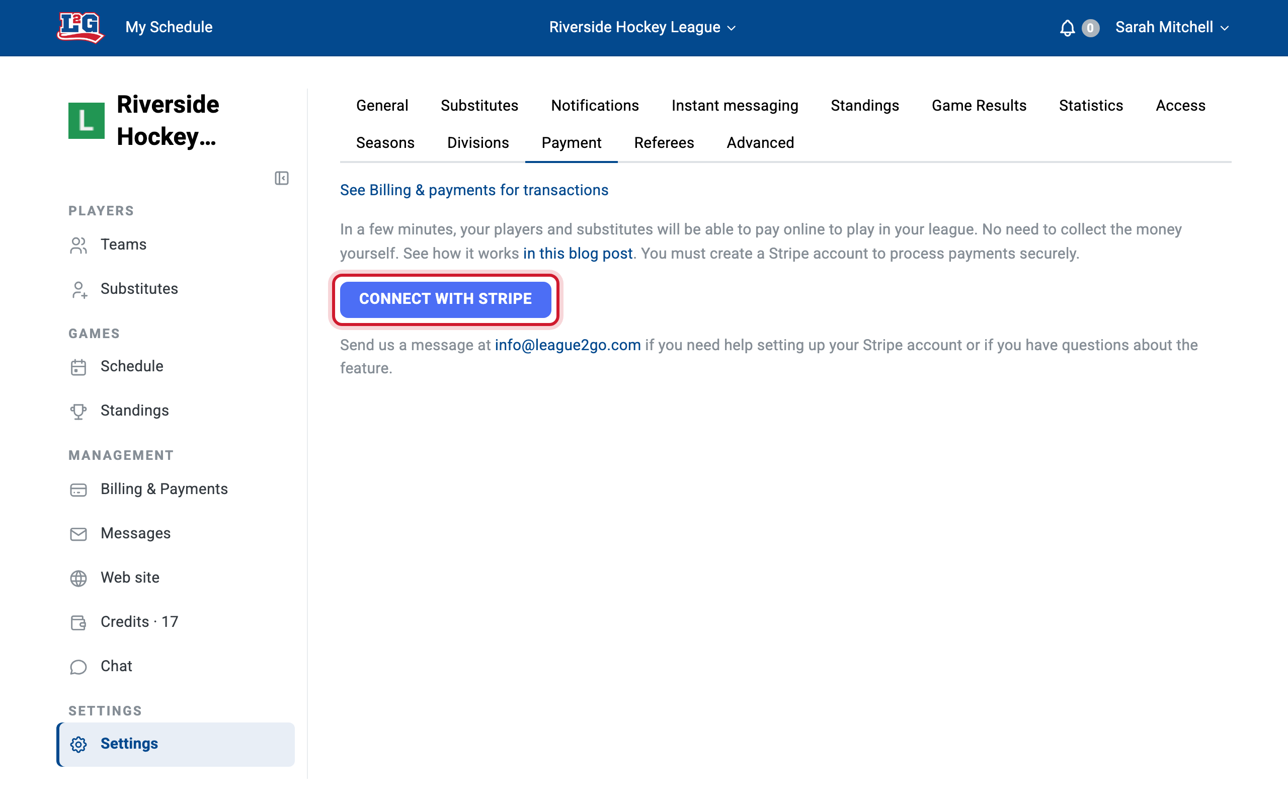 League settings > Payment before Stripe is connected: the Connect with Stripe button starts the account setup.