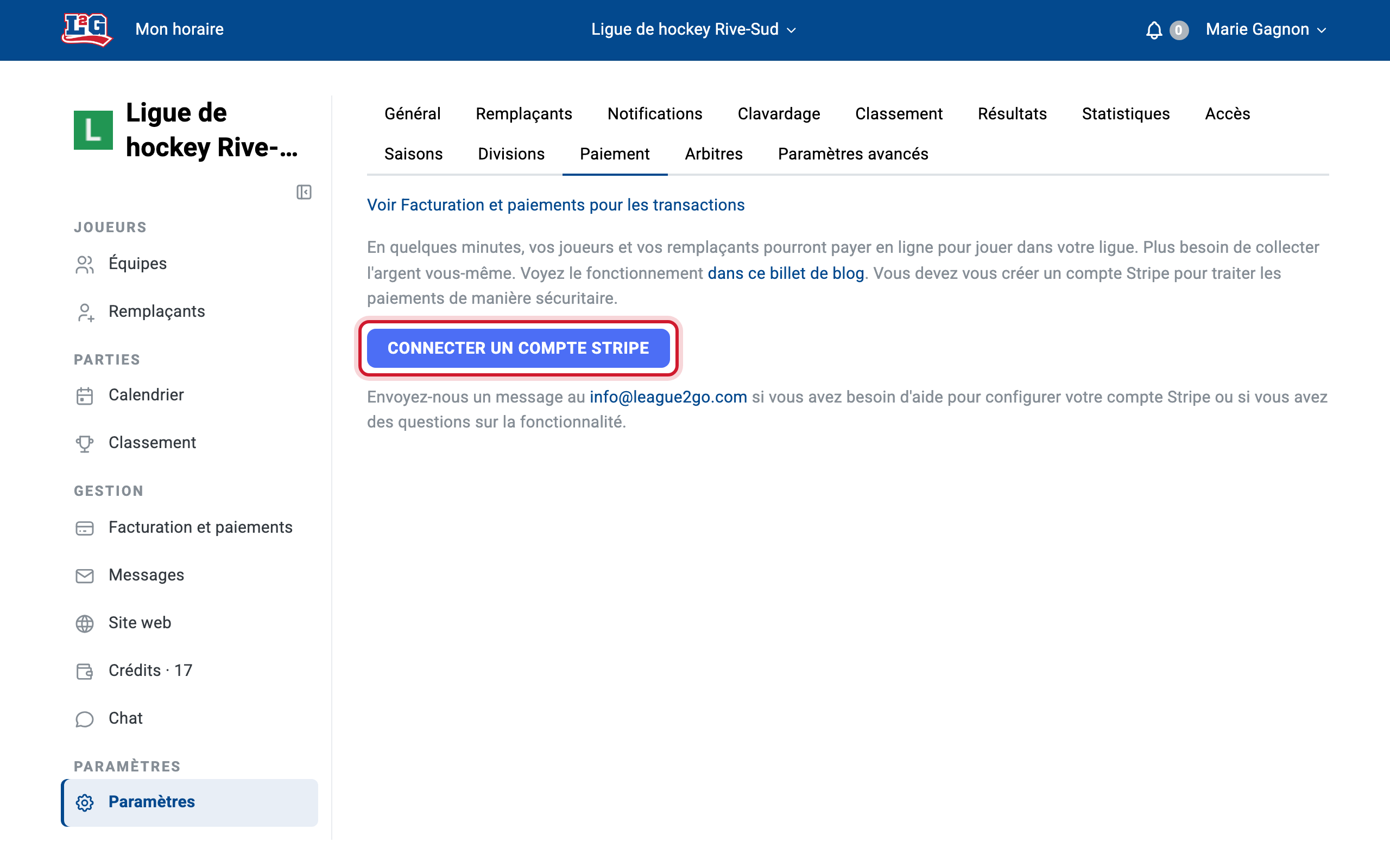 Paramètres de la ligue > Paiement avant la connexion à Stripe : le bouton Connecter un compte Stripe démarre la configuration du compte.