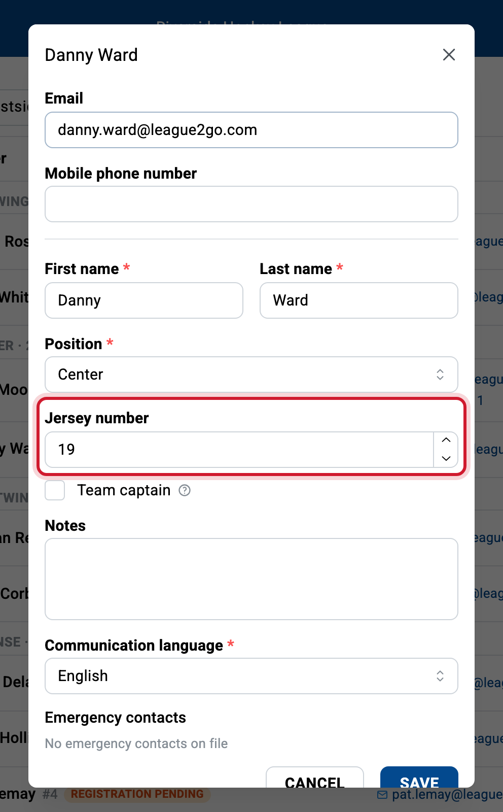 The edit-player form with the jersey number filled in.