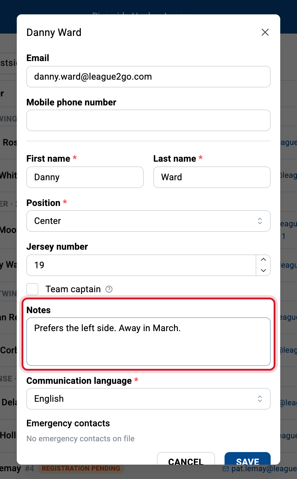 The notes field on the edit-player form; notes are visible to managers and captains only.