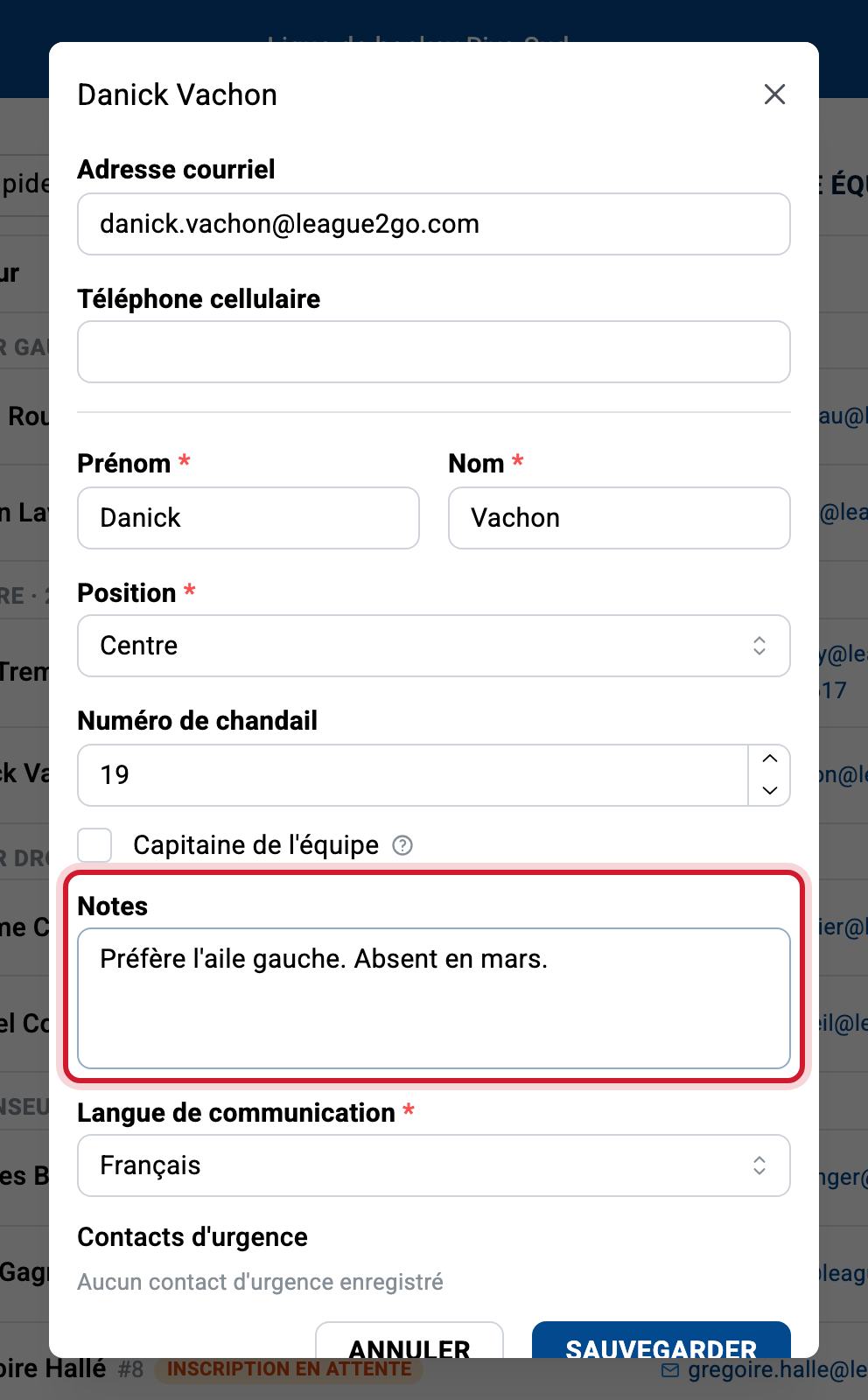 Le champ notes du formulaire de modification d'un joueur; les notes ne sont visibles que par les gestionnaires et les capitaines.