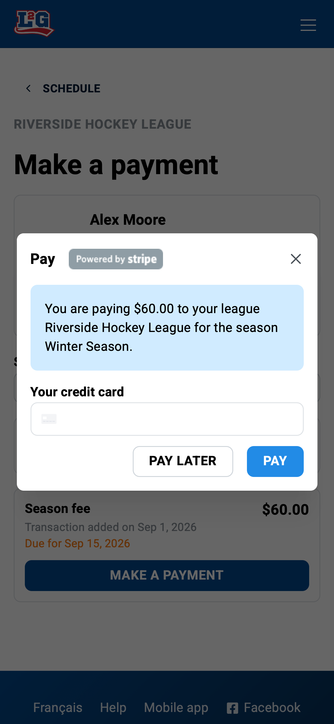 The pay window opened from the season fee: the amount, the credit card entry form, and the Pay button; Stripe processes the charge.