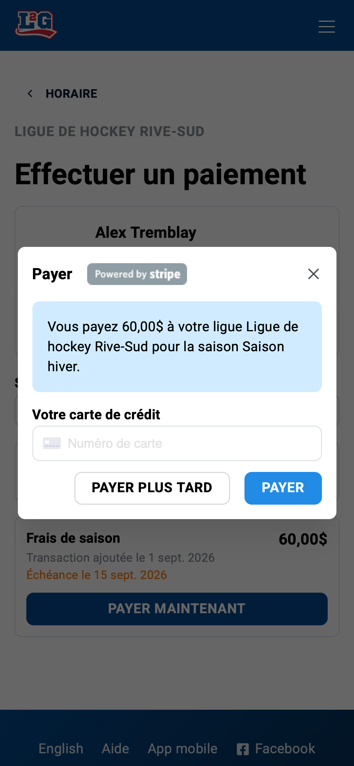 La fenêtre de paiement ouverte à partir du frais de saison : le montant, le formulaire de saisie de la carte de crédit et le bouton Payer; Stripe traite la transaction.