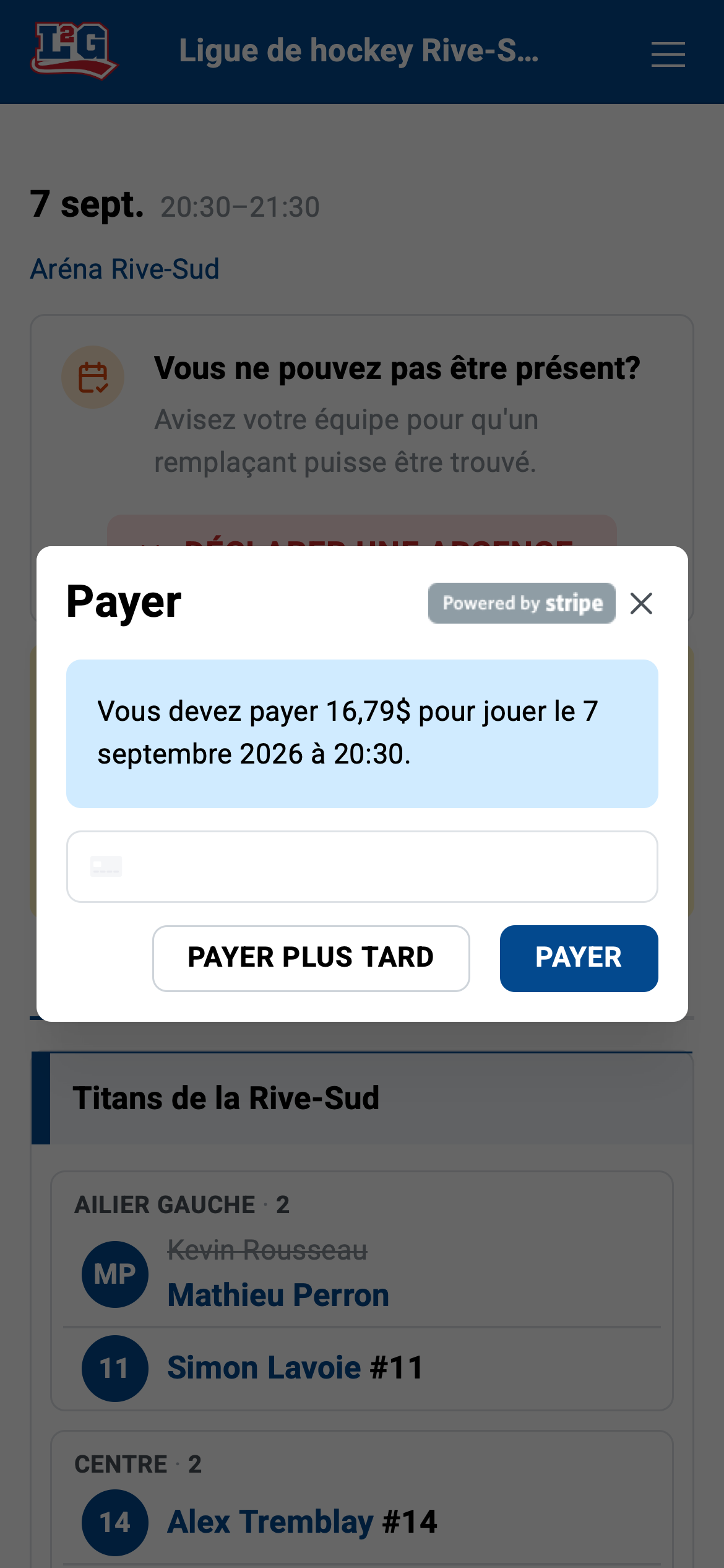 Acceptation d'un remplacement payant : la fenêtre de confirmation de paiement montre le montant et le formulaire de carte. Une fois une carte utilisée, elle peut être réutilisée comme carte enregistrée.