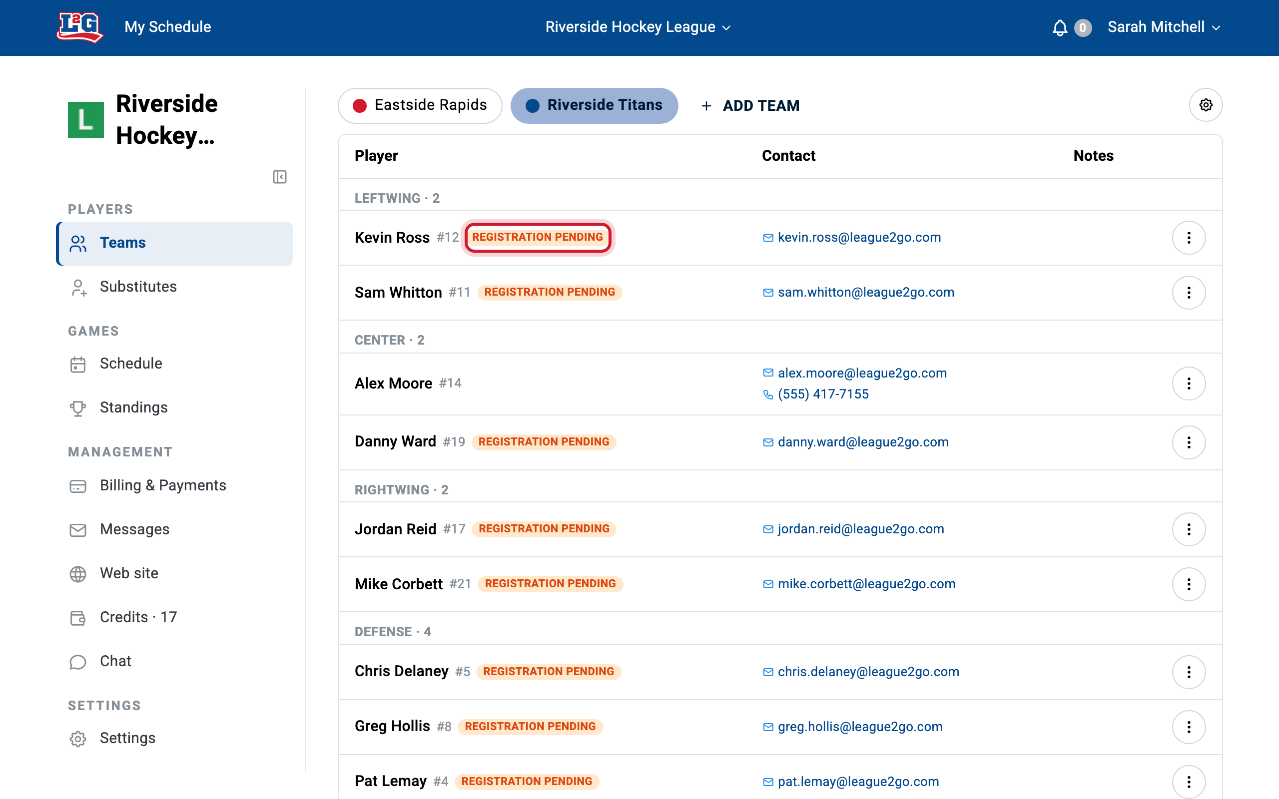 The roster with the Registration pending indicator beside players who have not signed up yet.