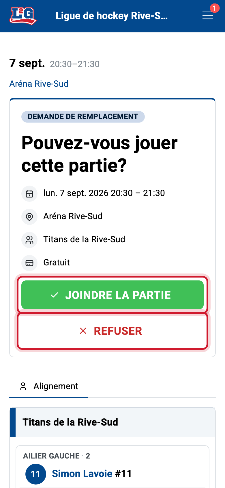 Une demande de remplacement : les détails de la partie avec les boutons vert Joindre la partie et rouge Refuser.