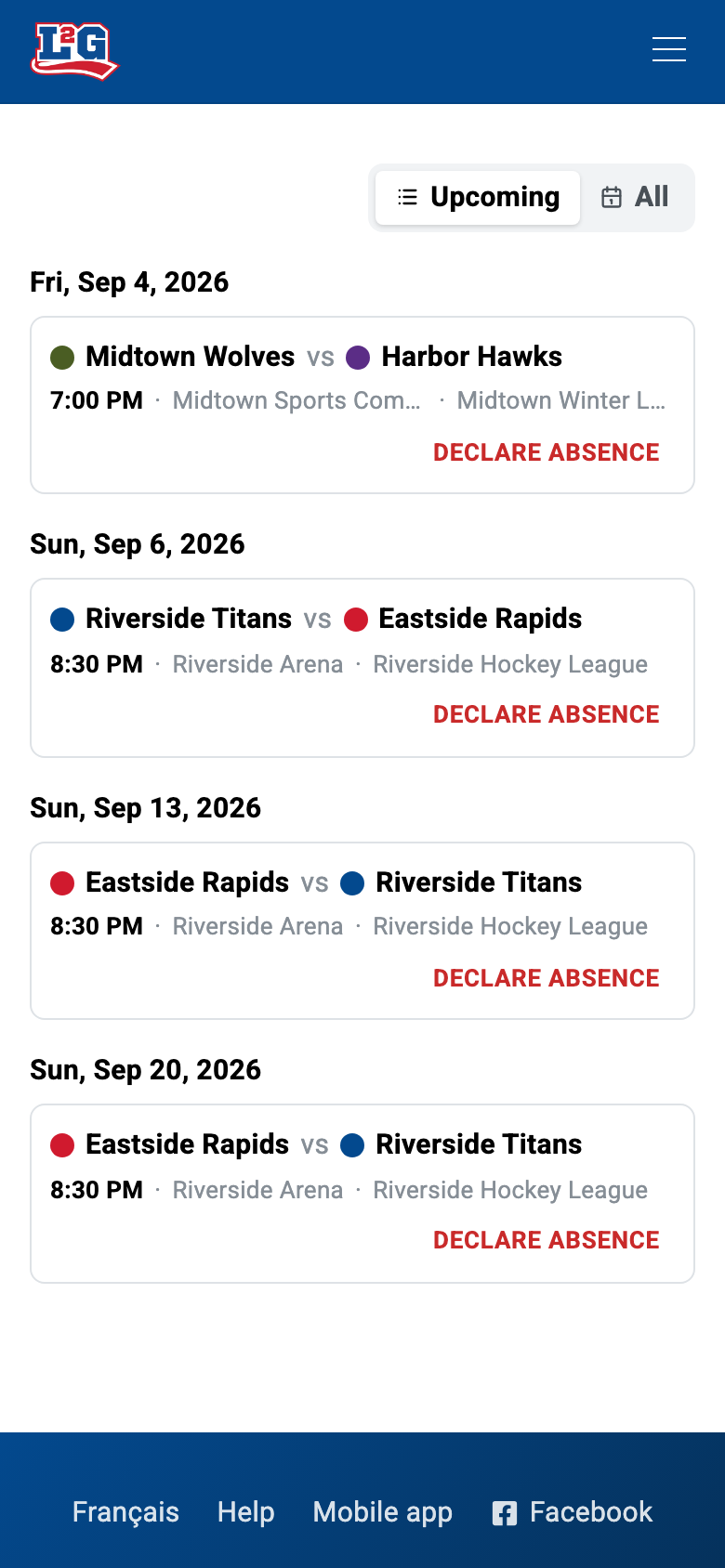 Your personal schedule lists upcoming games from every league you play in: here, two leagues in one list.