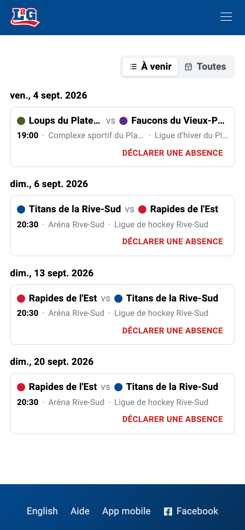 Votre horaire personnel liste les parties à venir de toutes vos ligues : ici, deux ligues dans une seule liste.