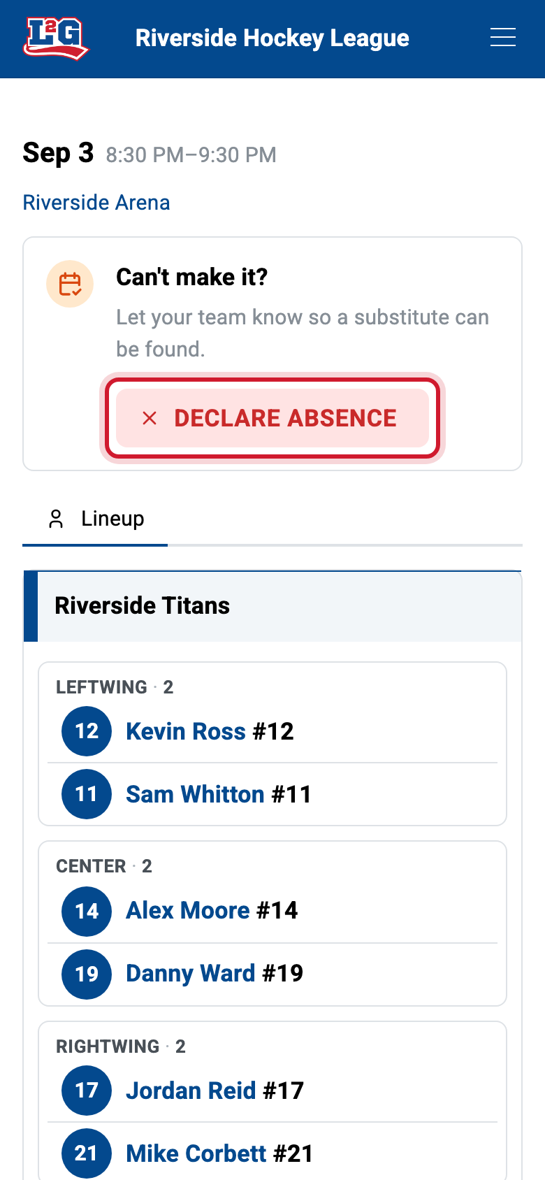 By default a rostered player is presumed present: the game page only offers the red Declare absence action for when they can't make it.