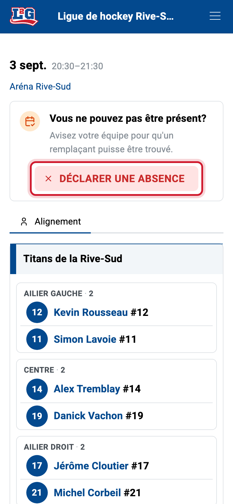 Par défaut, un joueur inscrit est présumé présent : la page de la partie offre seulement l'action rouge Déclarer une absence s'il ne peut pas être là.