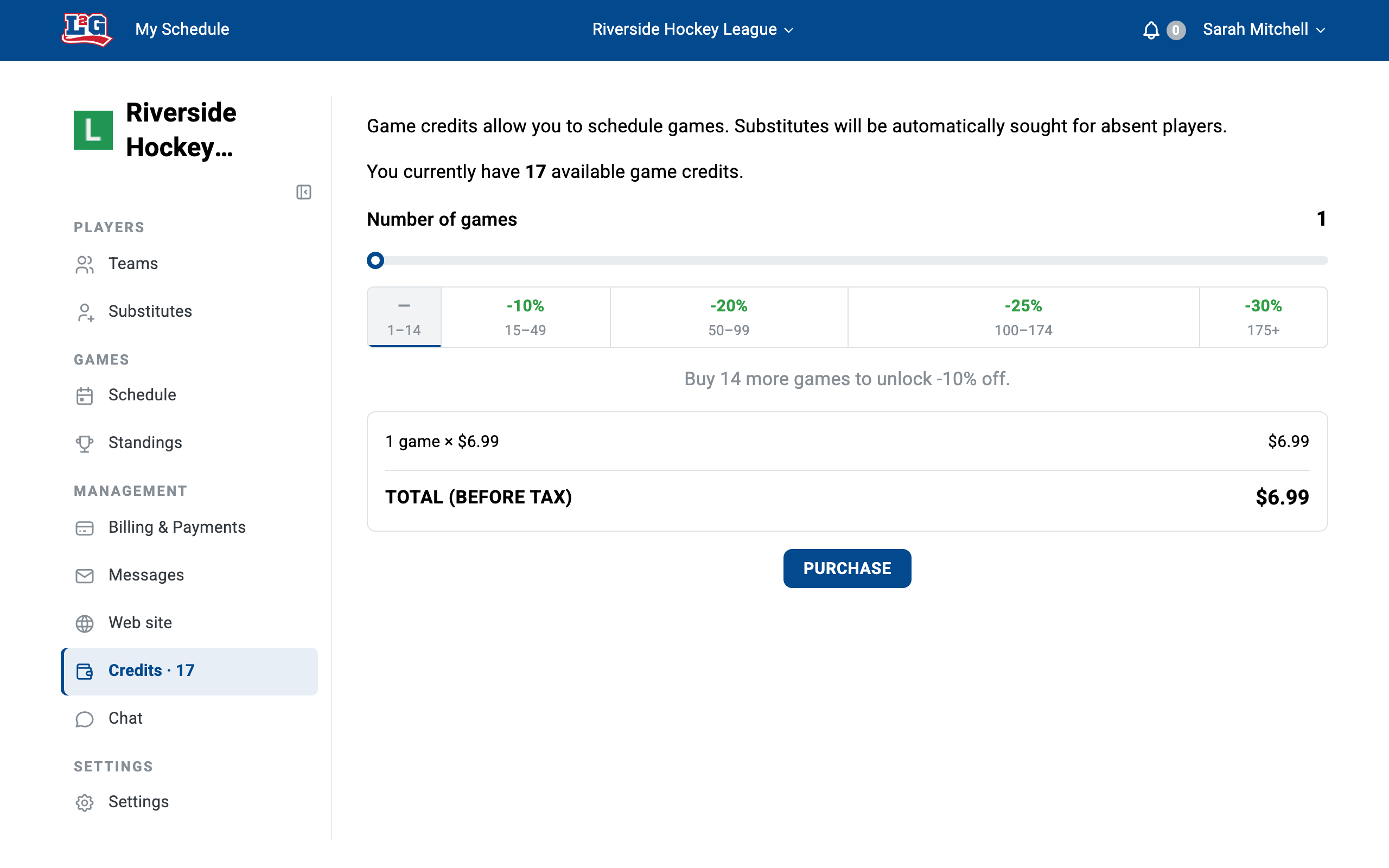 The game-credit purchase page: your remaining credit balance, the quantity slider with the volume-discount tiers, and the price summary before tax.