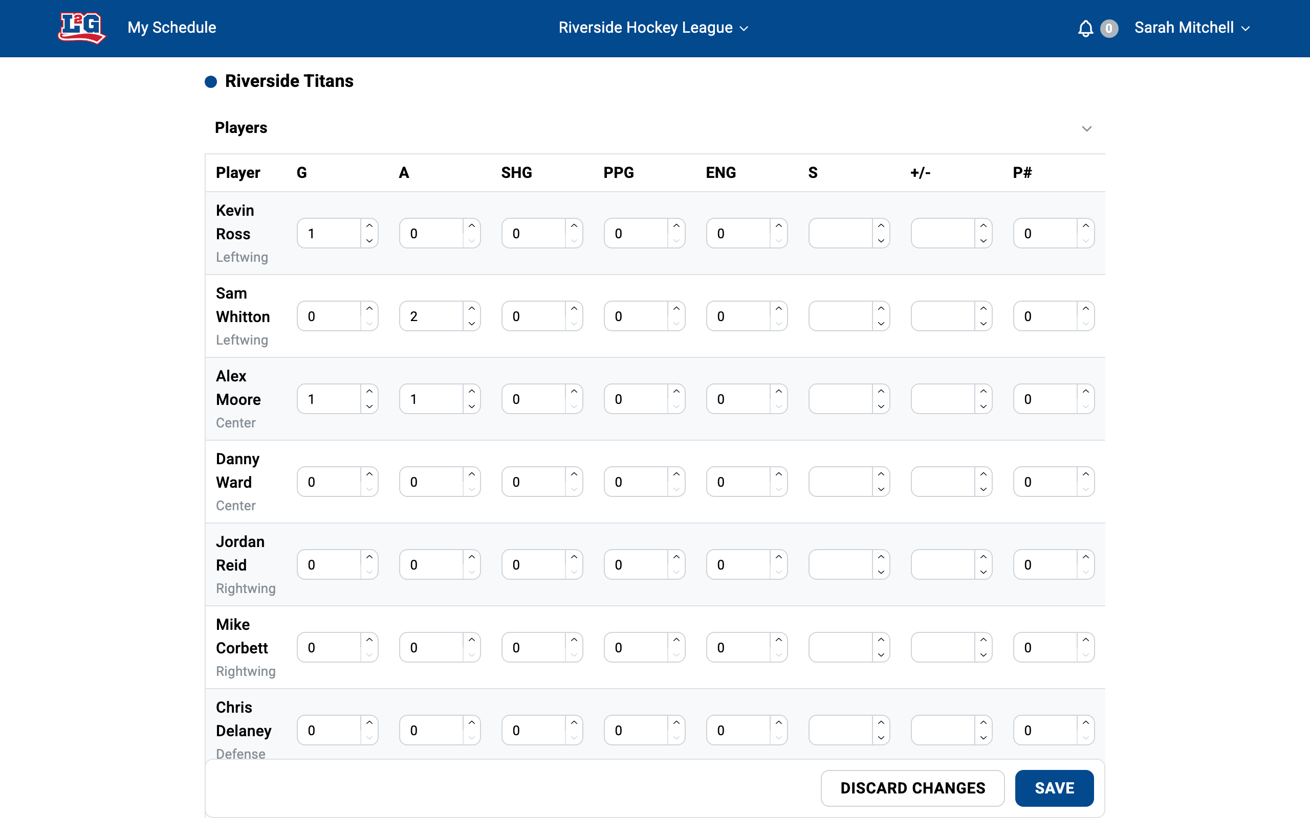 The per-player statistics grid in a game's Results tab, with goals and assists being entered for each player