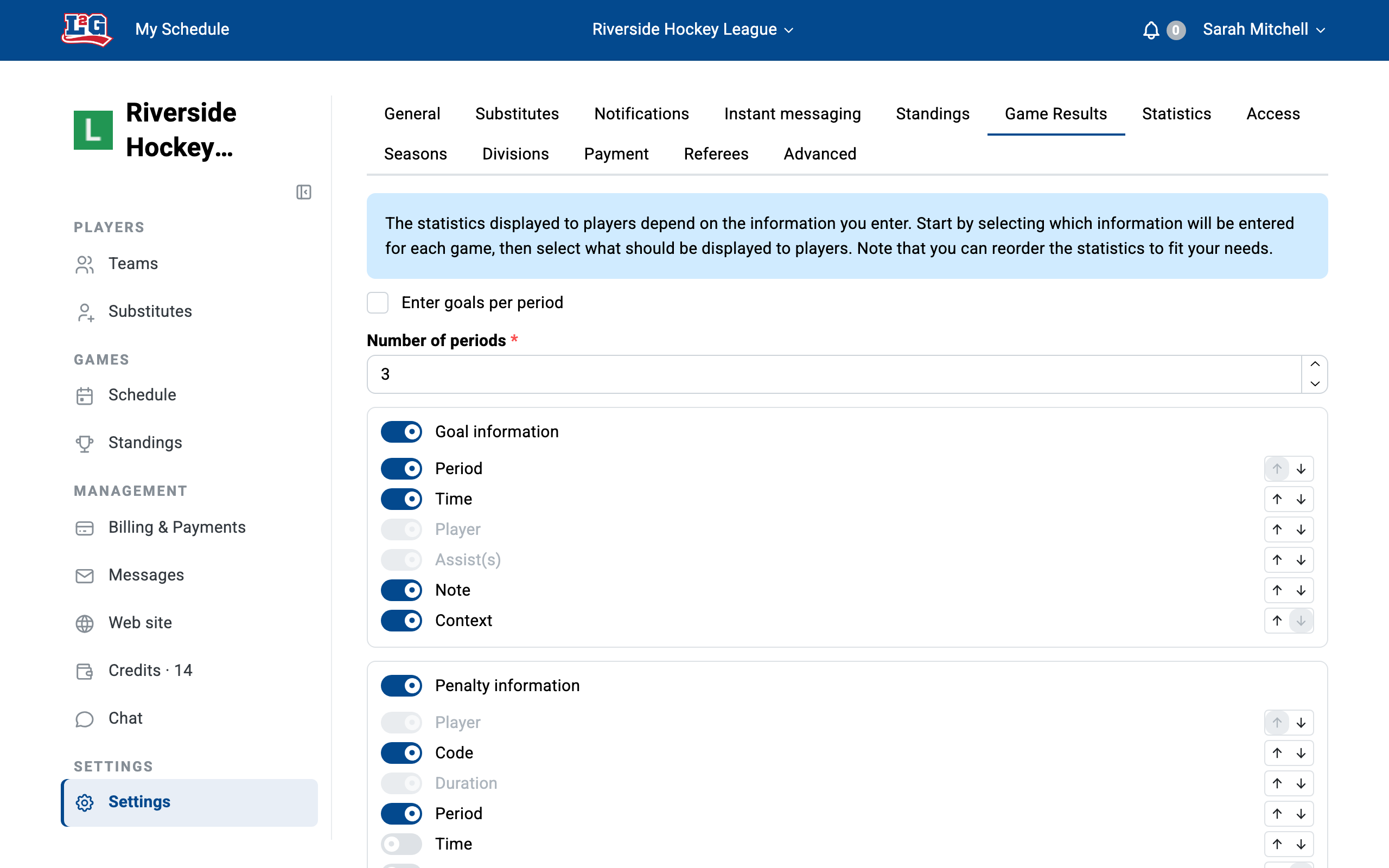 League settings > Results: the configurable result and statistic fields (detailed goal information, penalties and per-player statistics), each with its own enable toggle.
