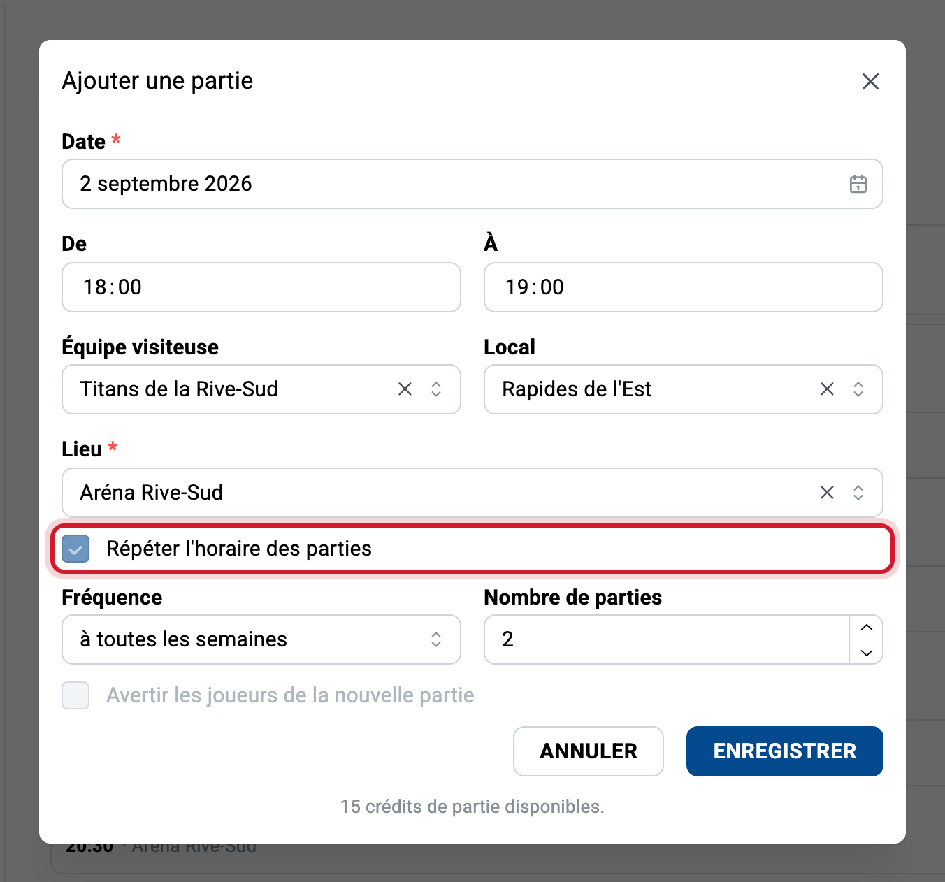 Le formulaire Ajouter une partie avec la date, les heures, les équipes et le lieu remplis, et l'option Répéter l'horaire des parties cochée pour créer une série complète d'un coup.