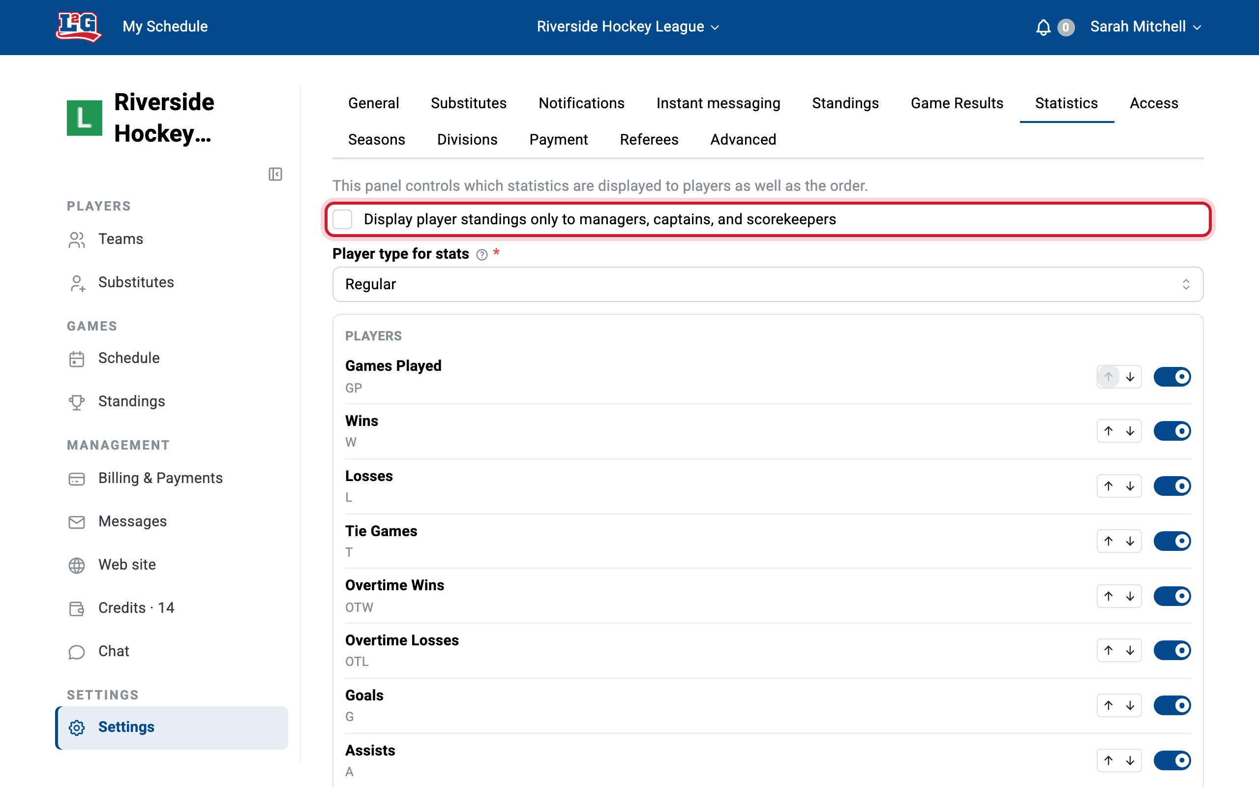 League settings > Statistics: the highlighted checkbox restricts individual statistics to managers, captains and scorekeepers; below it, the switches choose which statistics are displayed.