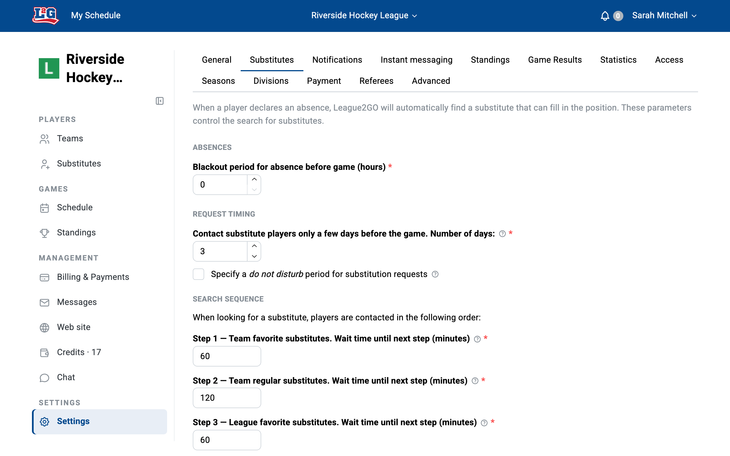 League settings > Substitutes: when the search starts (days before the game) and the step-by-step search sequence with its wait times.