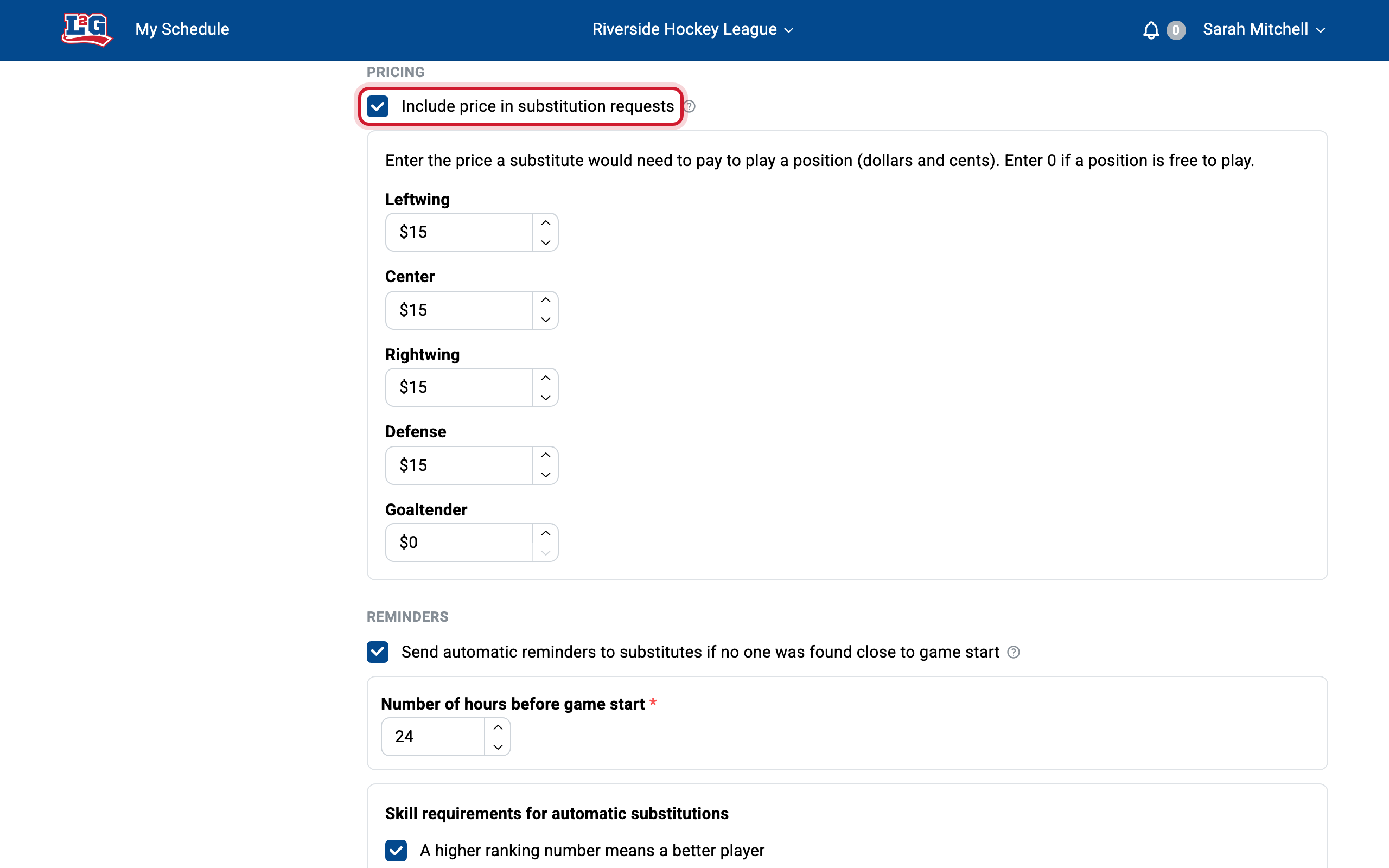 Include price in substitution requests: with the option checked, each position gets its own price field.