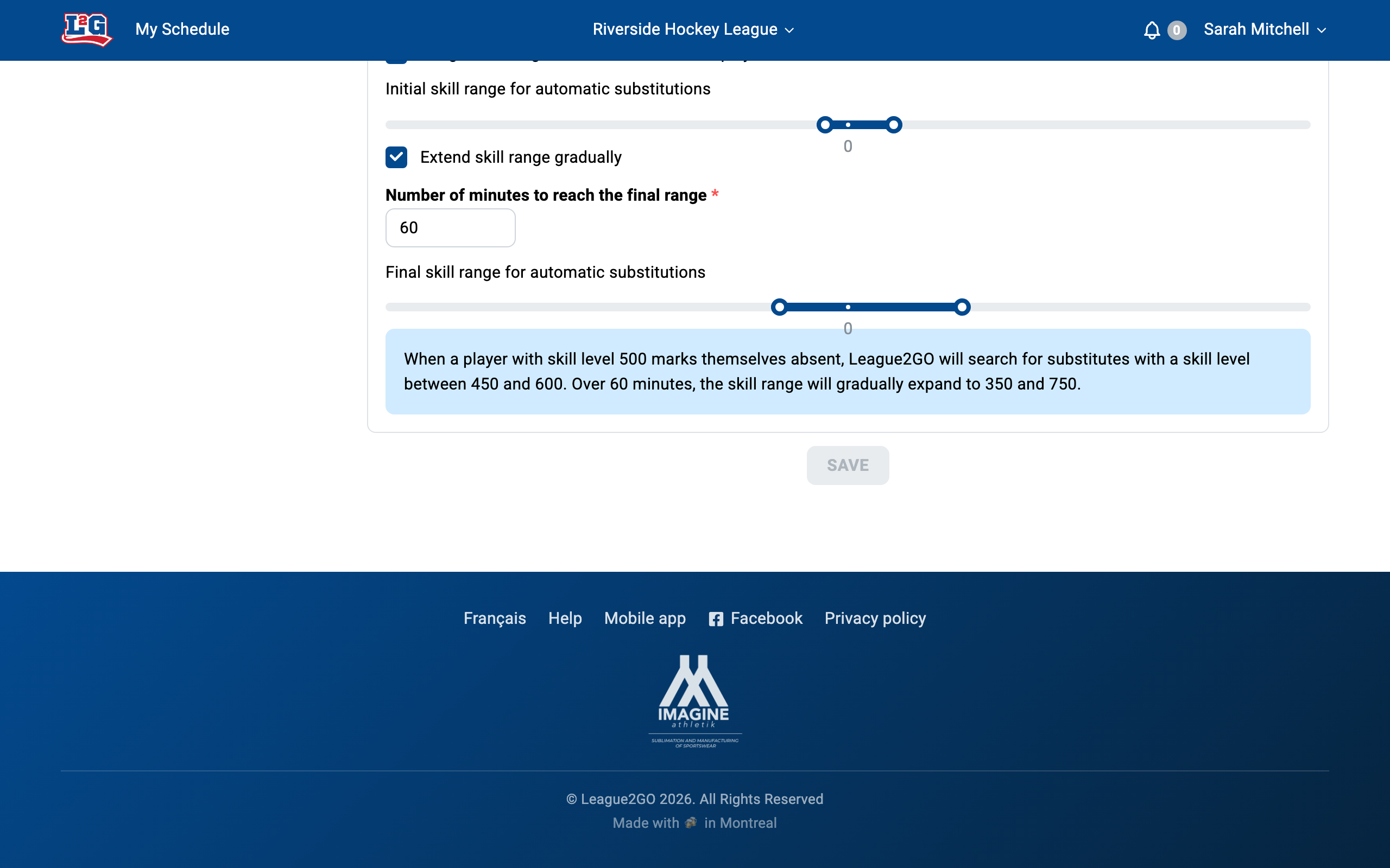 The skill-range section: the initial range, Extend skill range gradually enabled, the number of minutes to reach the final range, and the final range.