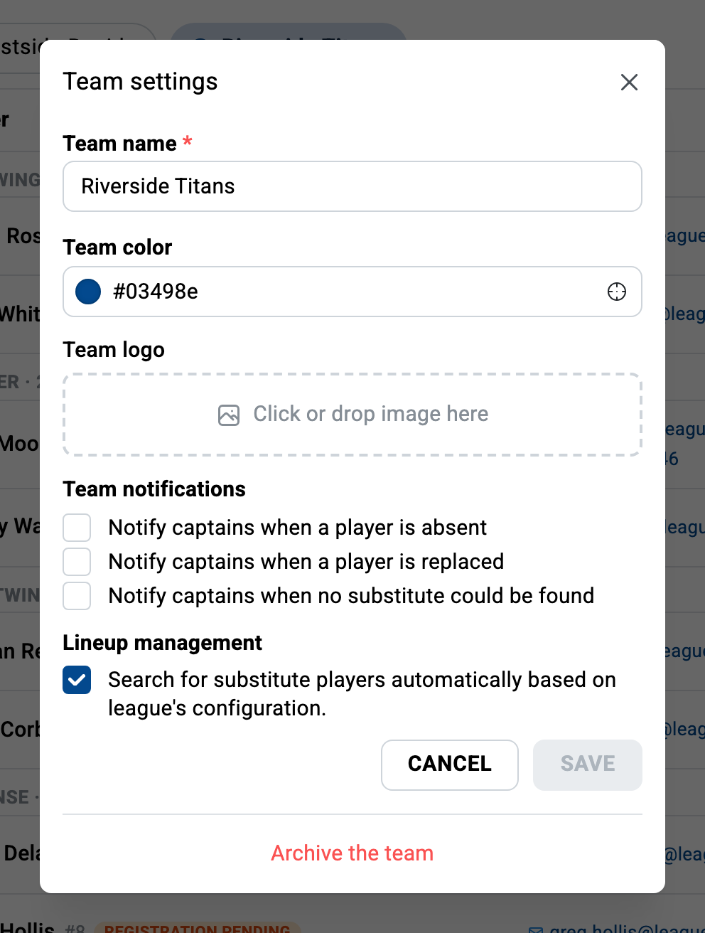 The team settings dialog: name, color and logo, plus the captain notification options.