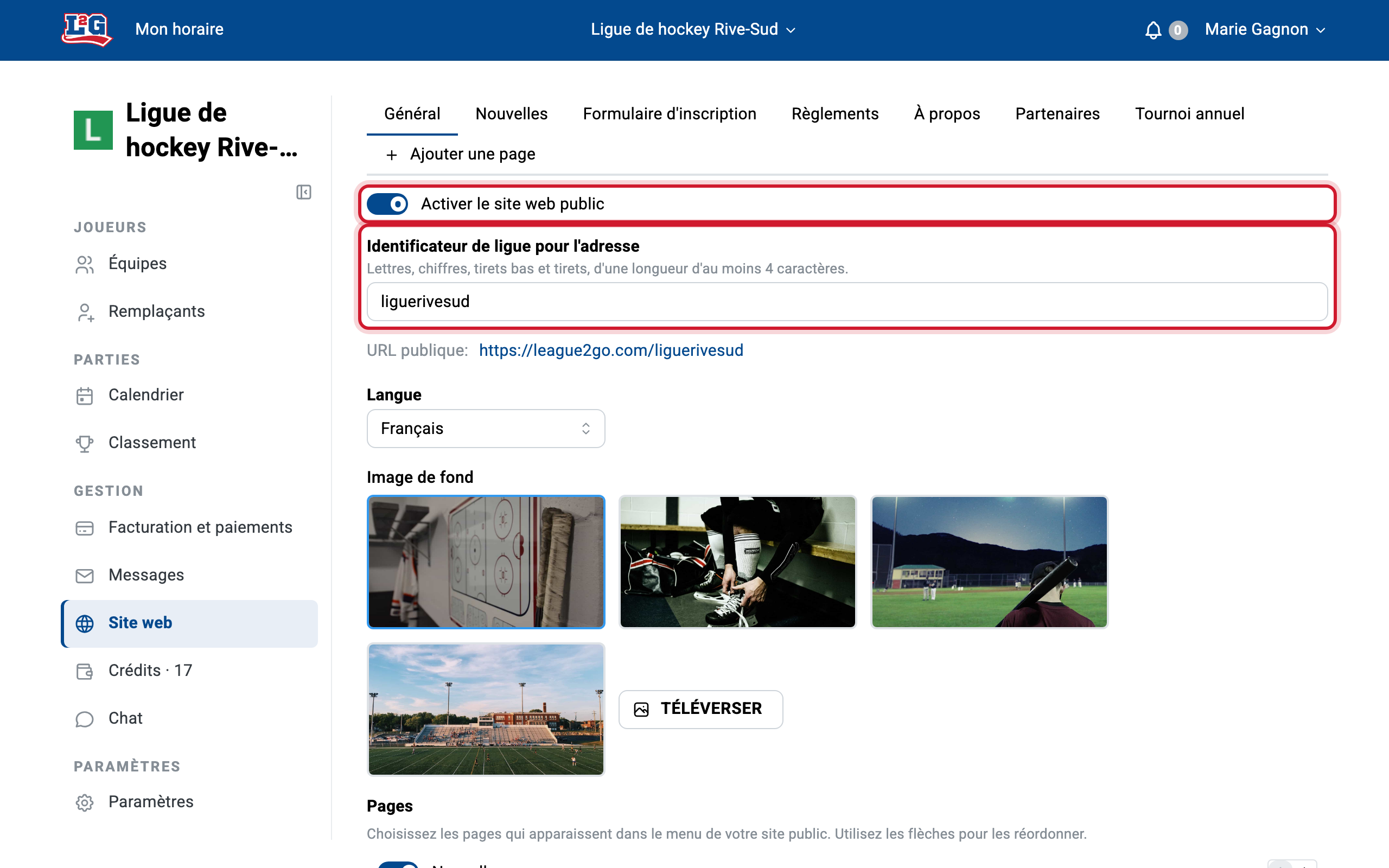 Paramètres de la ligue > onglet Site web : l'option d'activation du site activée et le champ du mot-clé de la ligue qui forme l'adresse web publique.