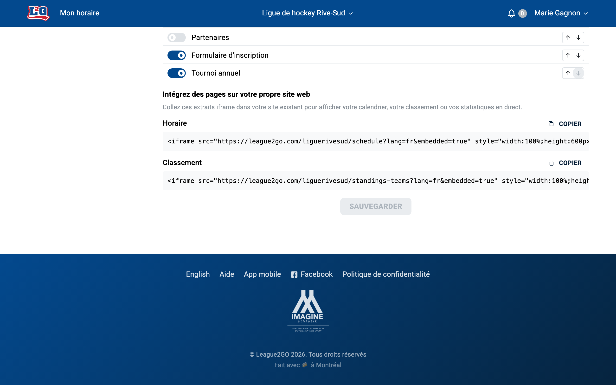 La section d'intégration de l'onglet Site web : le code HTML iframe prêt à coller pour les pages d'horaire et de classement, avec un bouton copier à côté de chaque extrait.