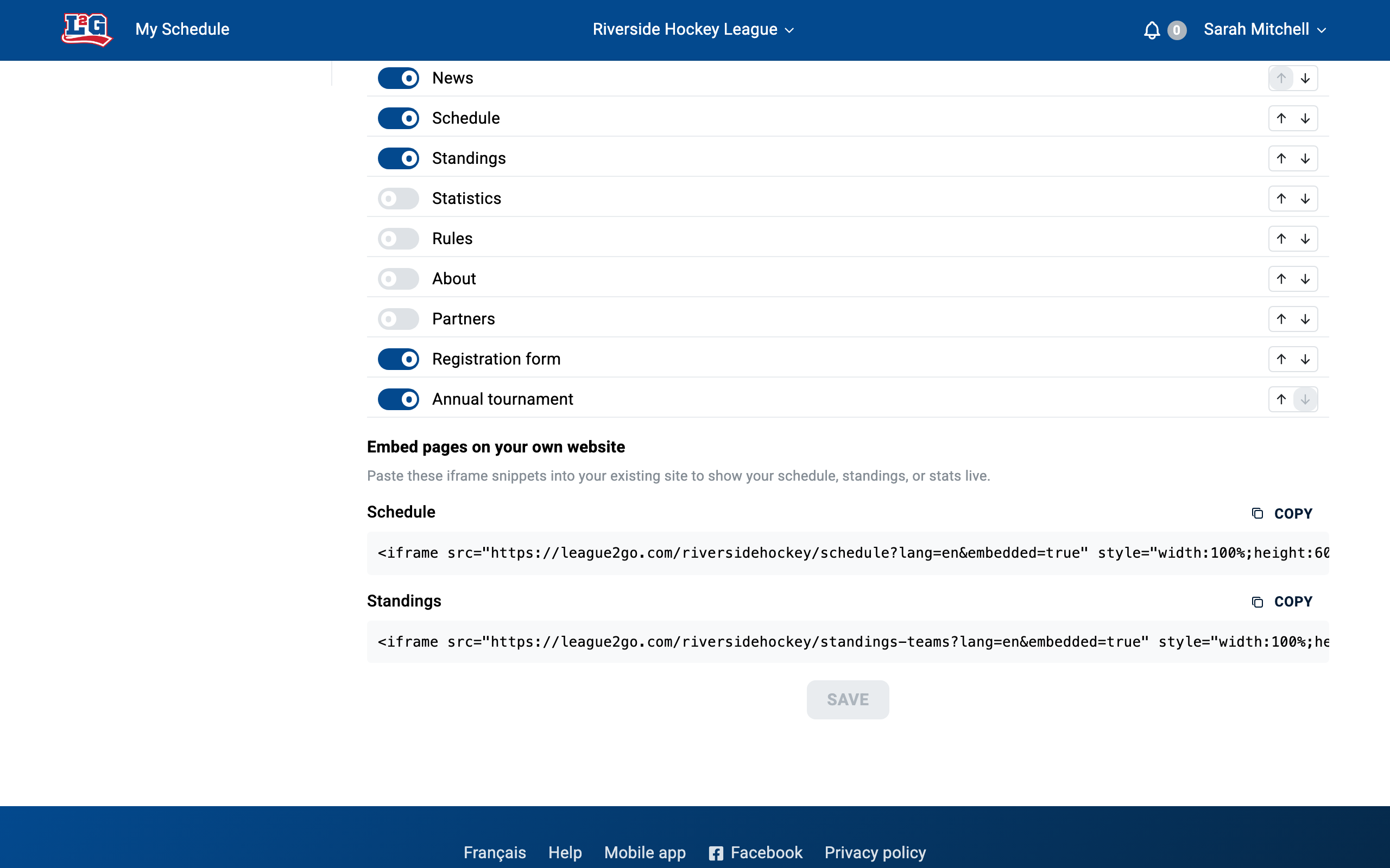 The Pages list of the website tab: built-in and custom pages, each with its show/hide toggle and the arrows to reorder the site menu.